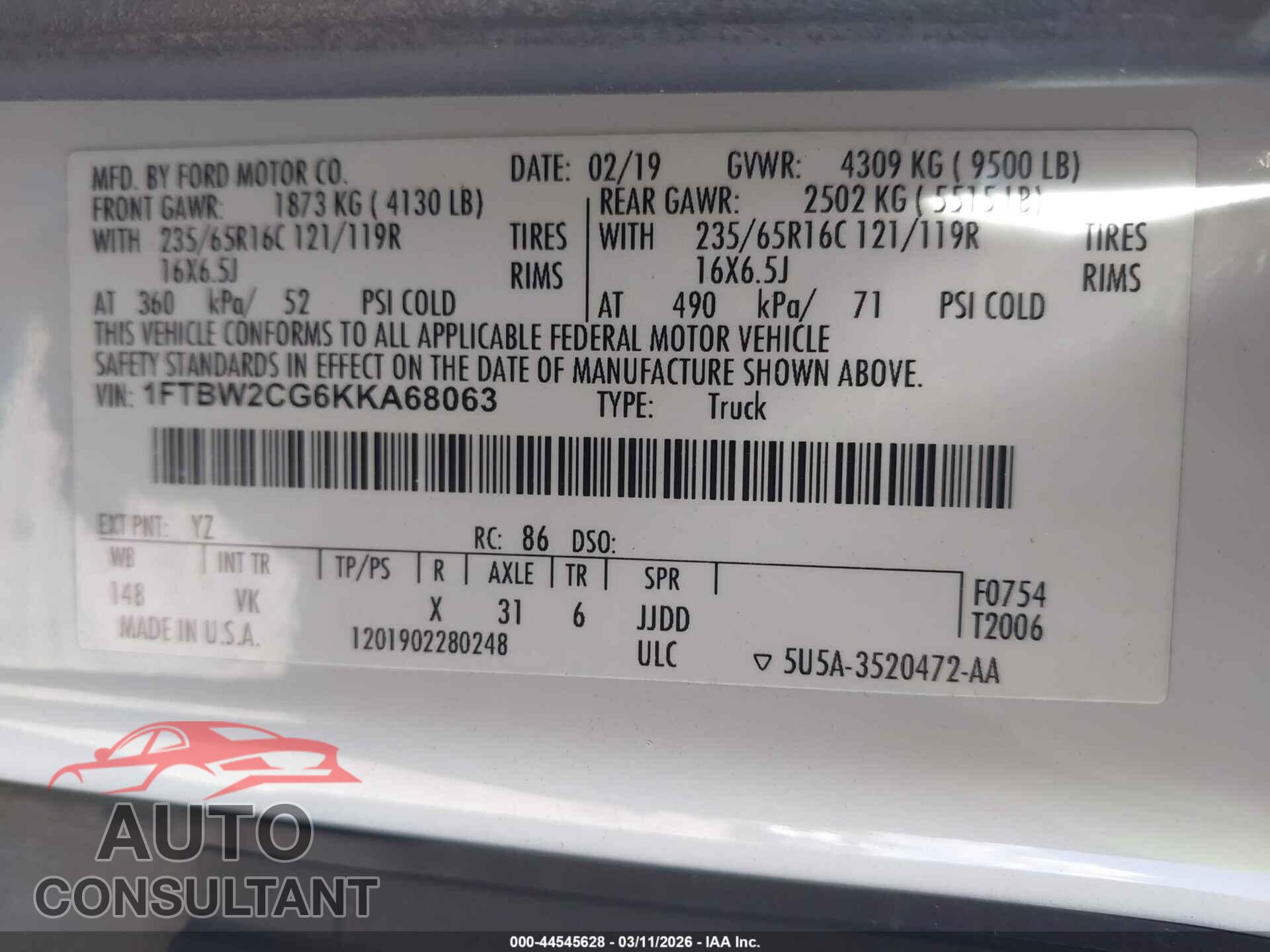 FORD TRANSIT-350 2019 - 1FTBW2CG6KKA68063
