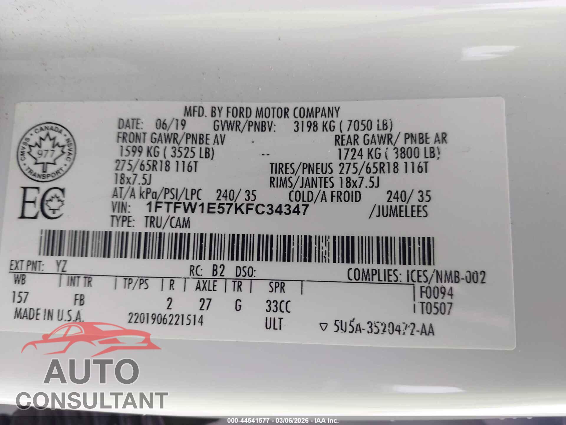 FORD F-150 2019 - 1FTFW1E57KFC34347