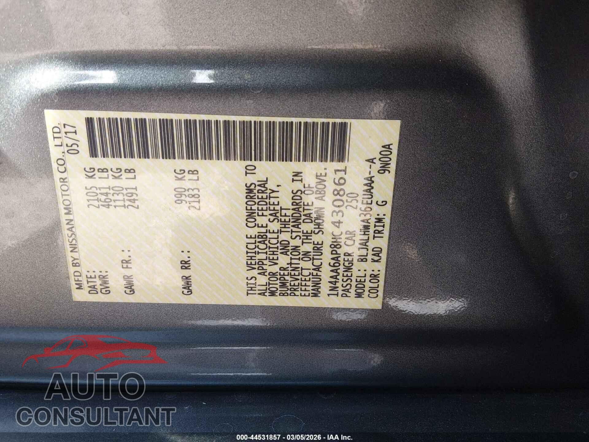 NISSAN MAXIMA 2017 - 1N4AA6AP8HC430861