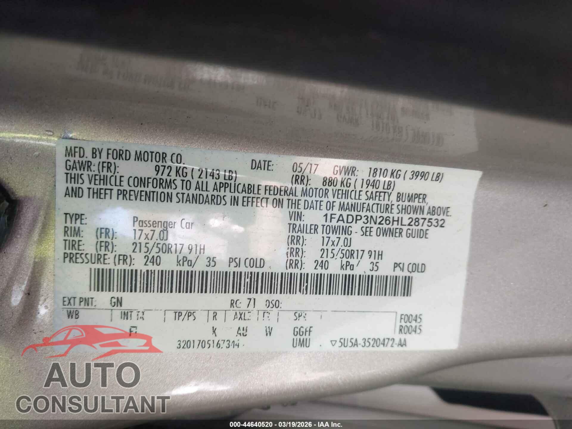 FORD FOCUS 2017 - 1FADP3N26HL287532