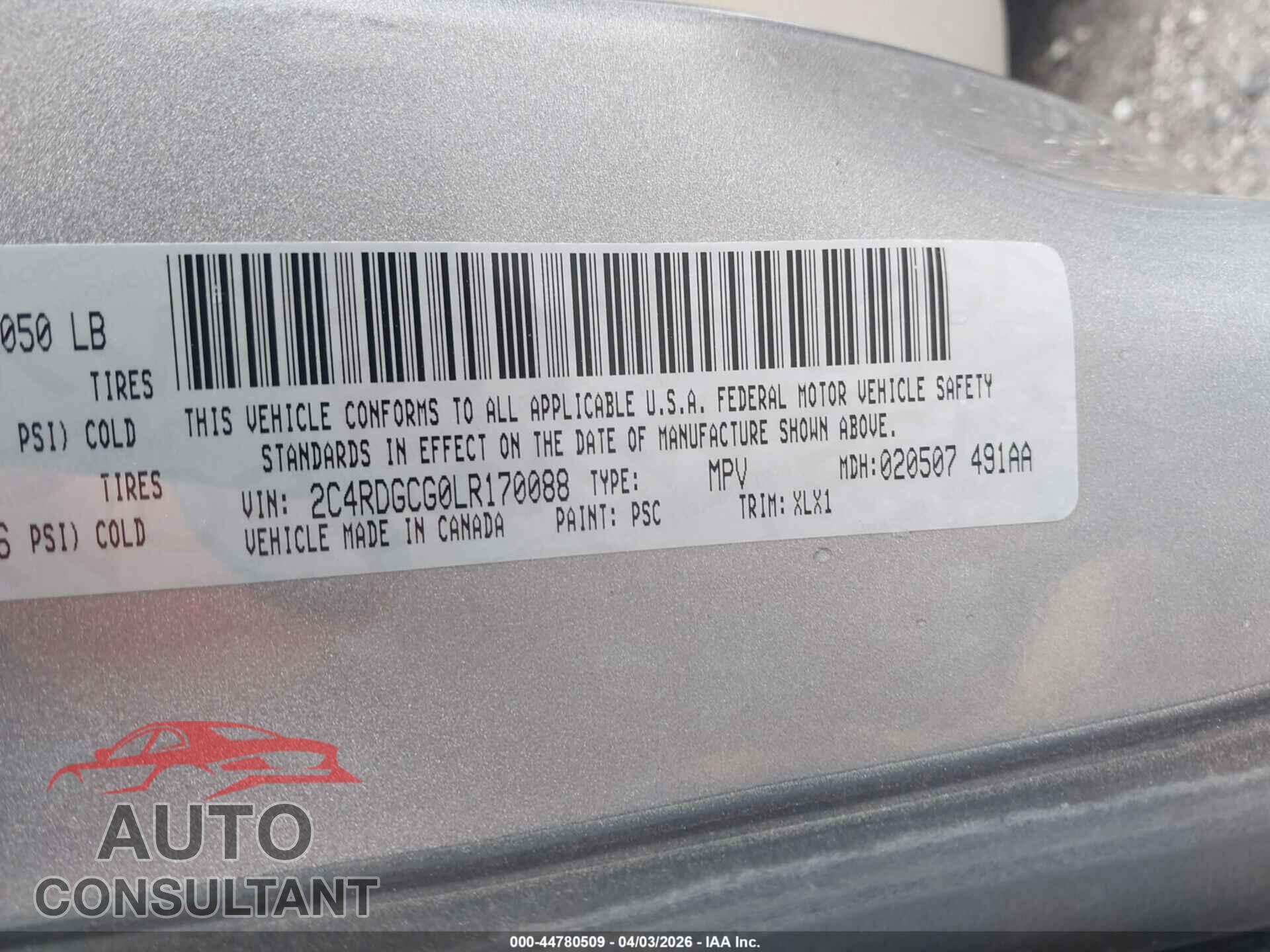 DODGE GRAND CARAVAN 2020 - 2C4RDGCG0LR170088