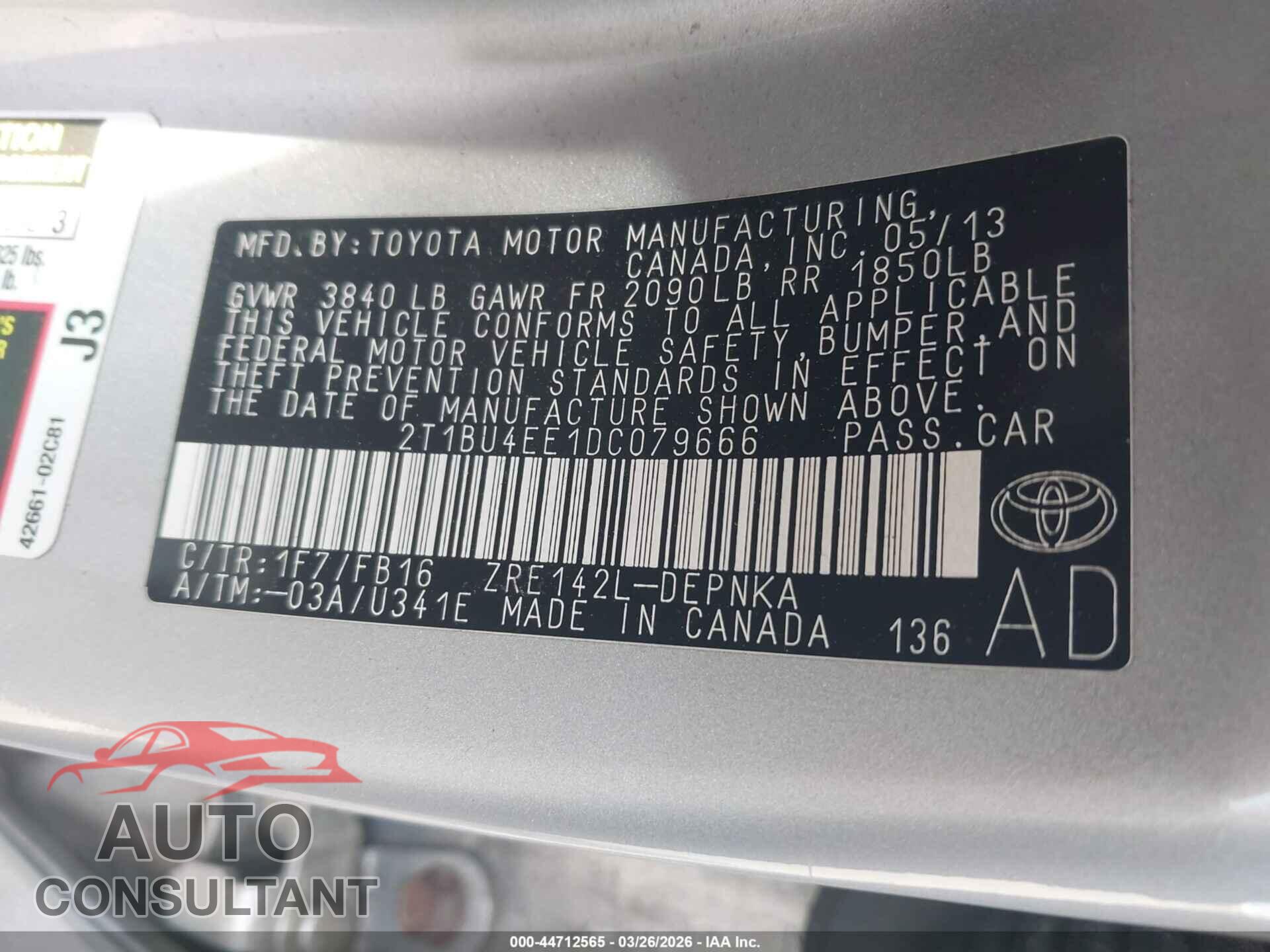 TOYOTA COROLLA 2013 - 2T1BU4EE1DC079666