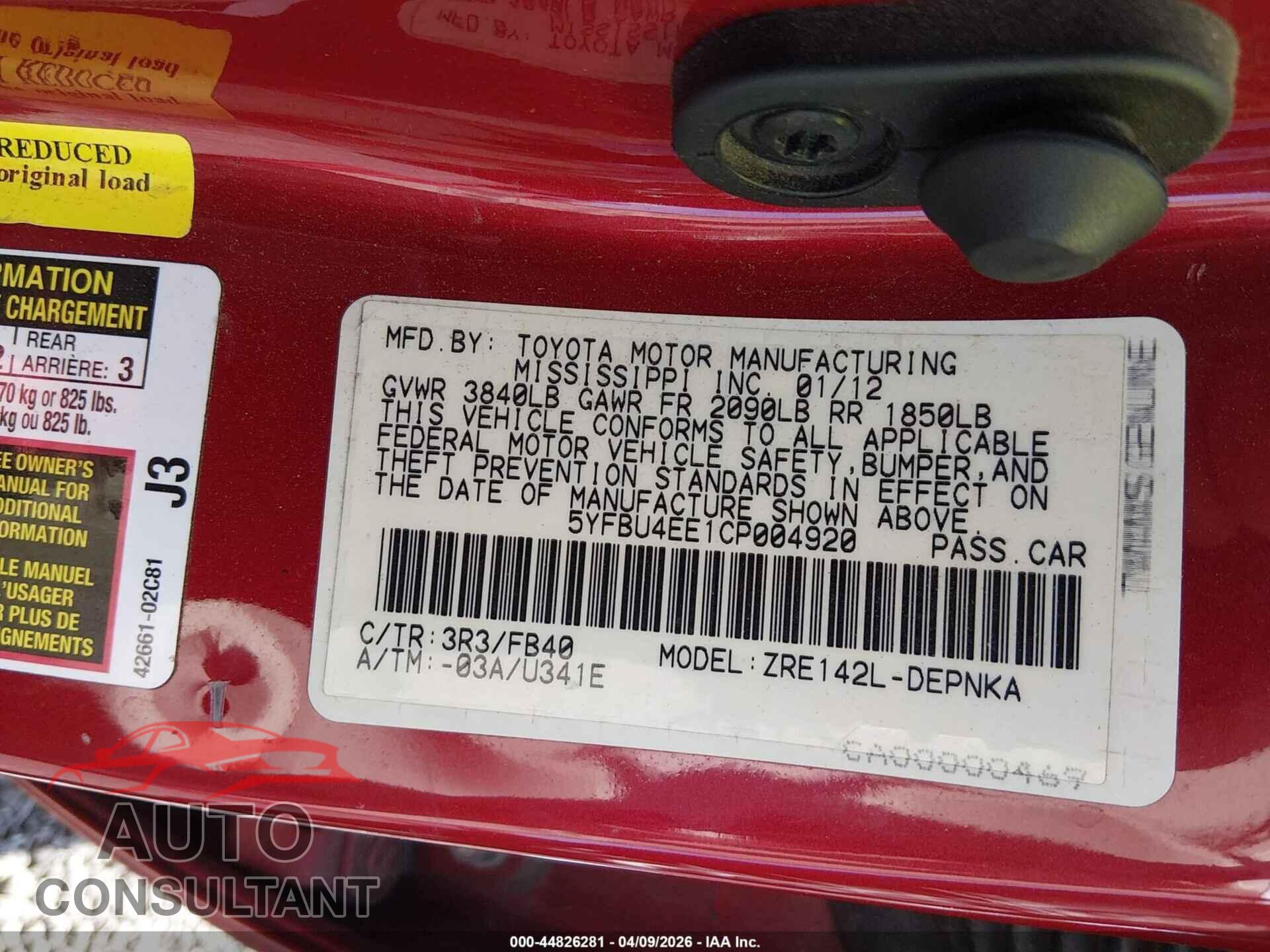 TOYOTA COROLLA 2012 - 5YFBU4EE1CP004920