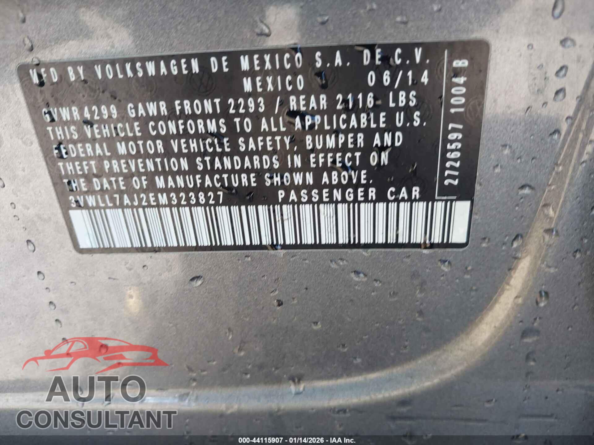 VOLKSWAGEN JETTA 2014 - 3VWLL7AJ2EM323827