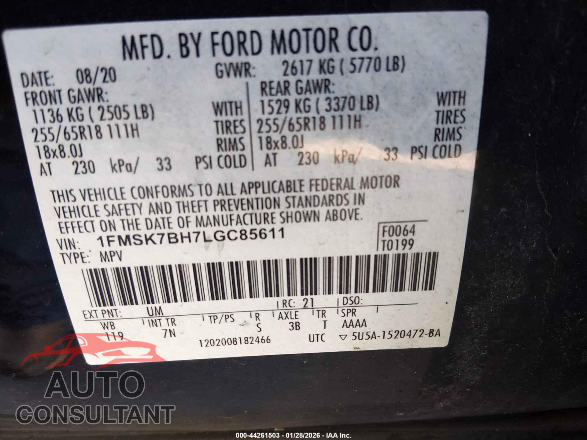 FORD EXPLORER 2020 - 1FMSK7BH7LGC85611