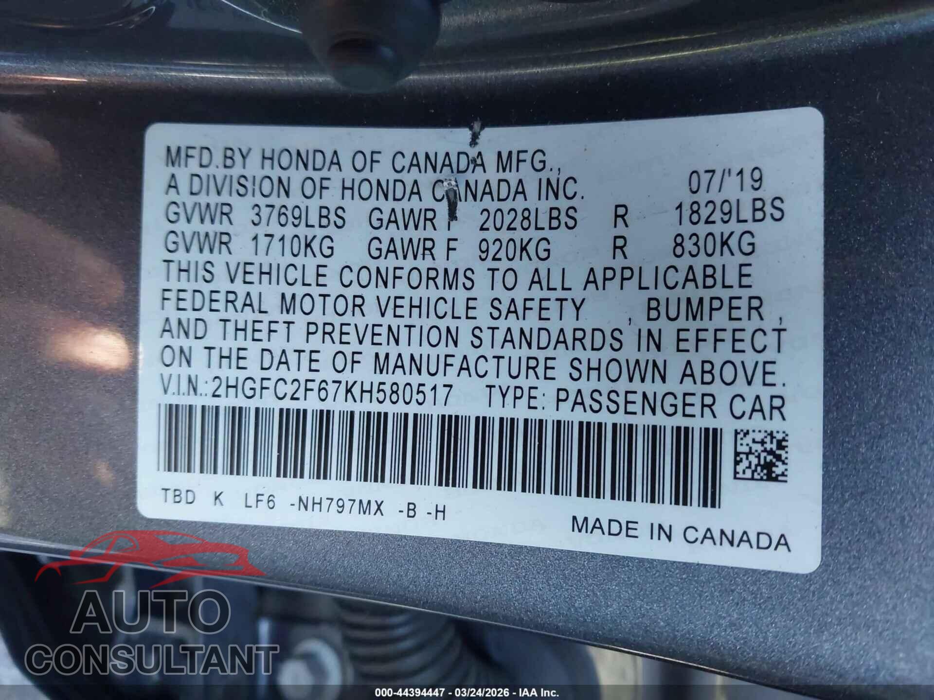 HONDA CIVIC 2019 - 2HGFC2F67KH580517