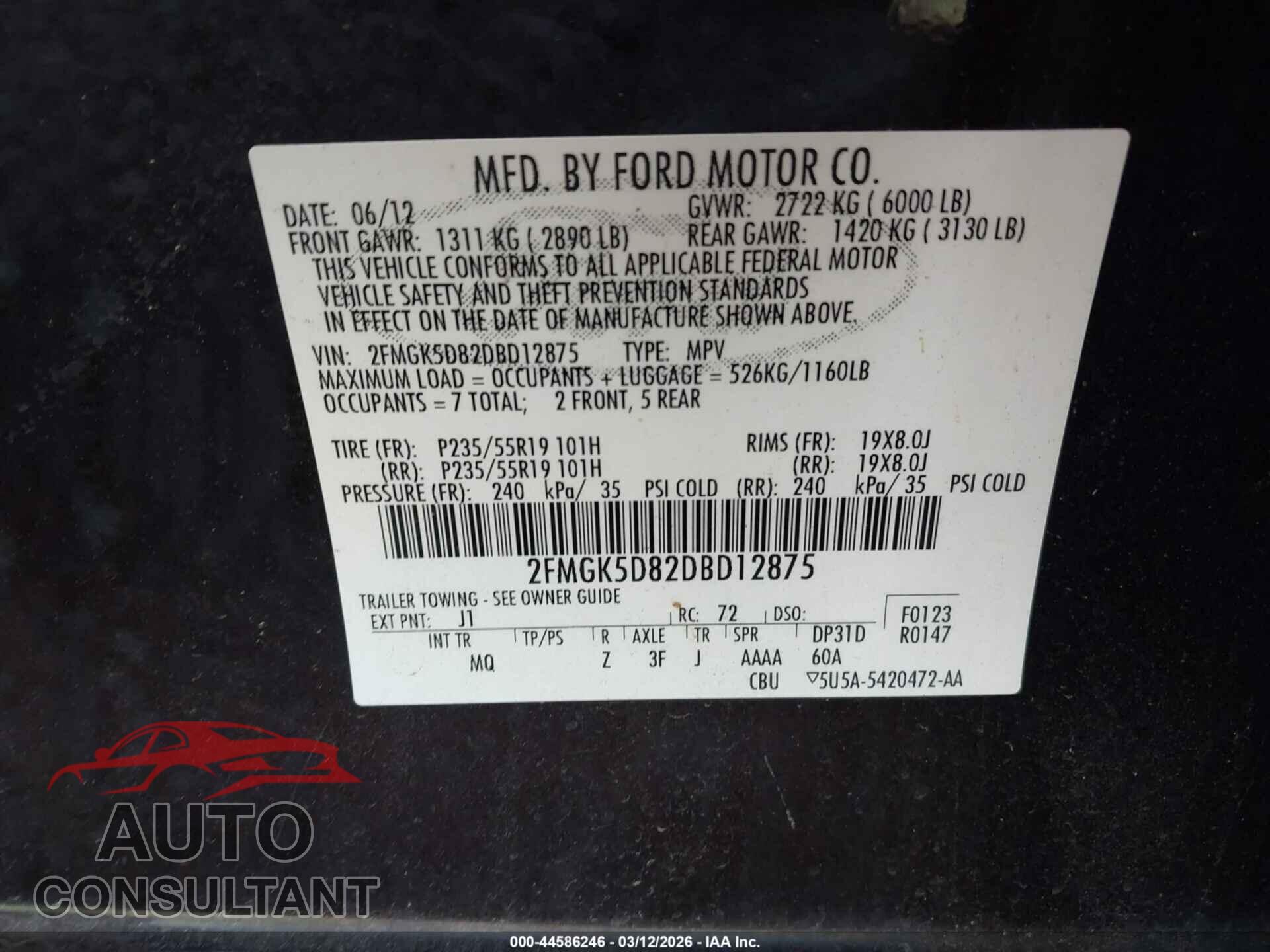 FORD FLEX 2013 - 2FMGK5D82DBD12875