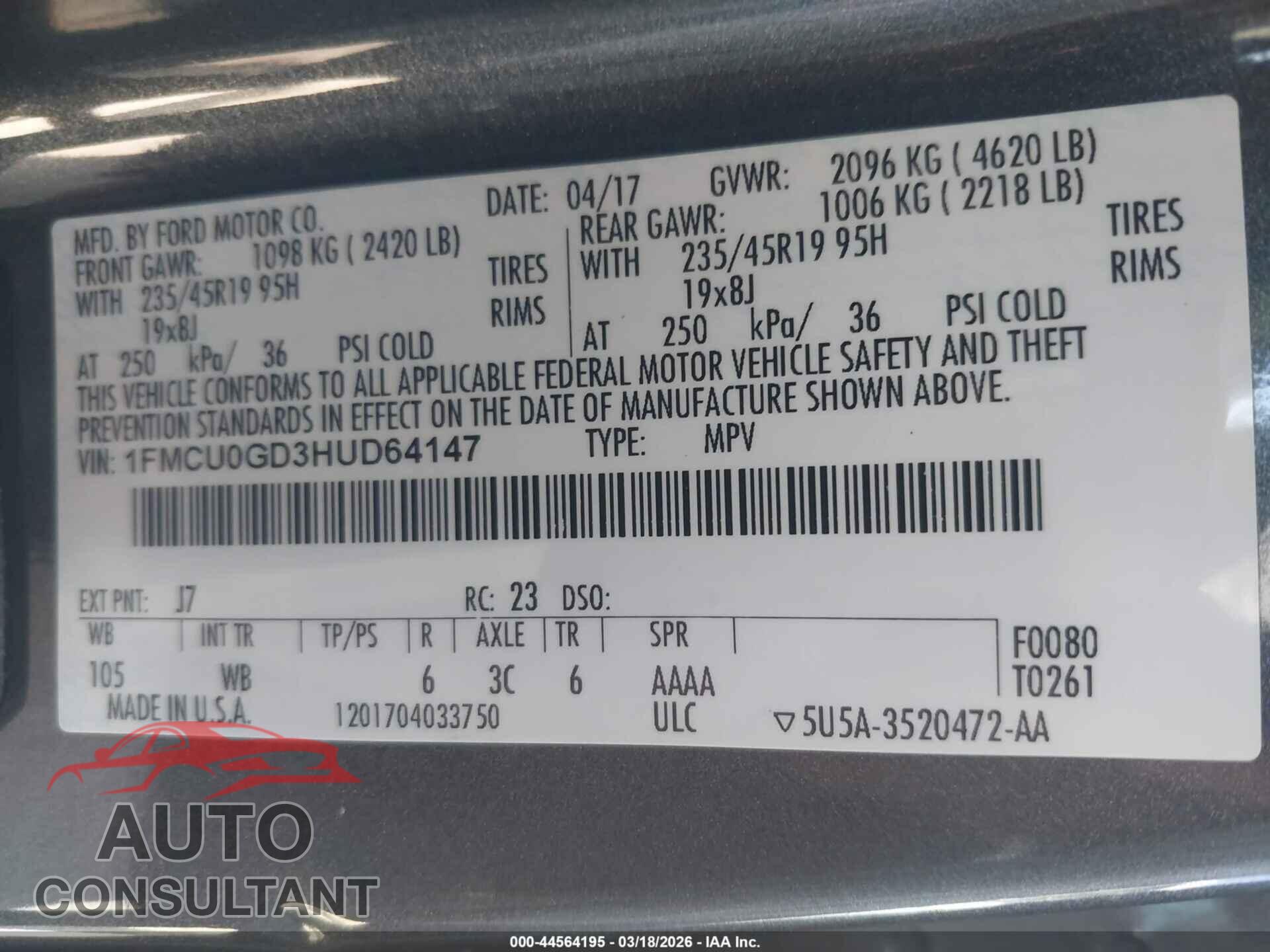 FORD ESCAPE 2017 - 1FMCU0GD3HUD64147