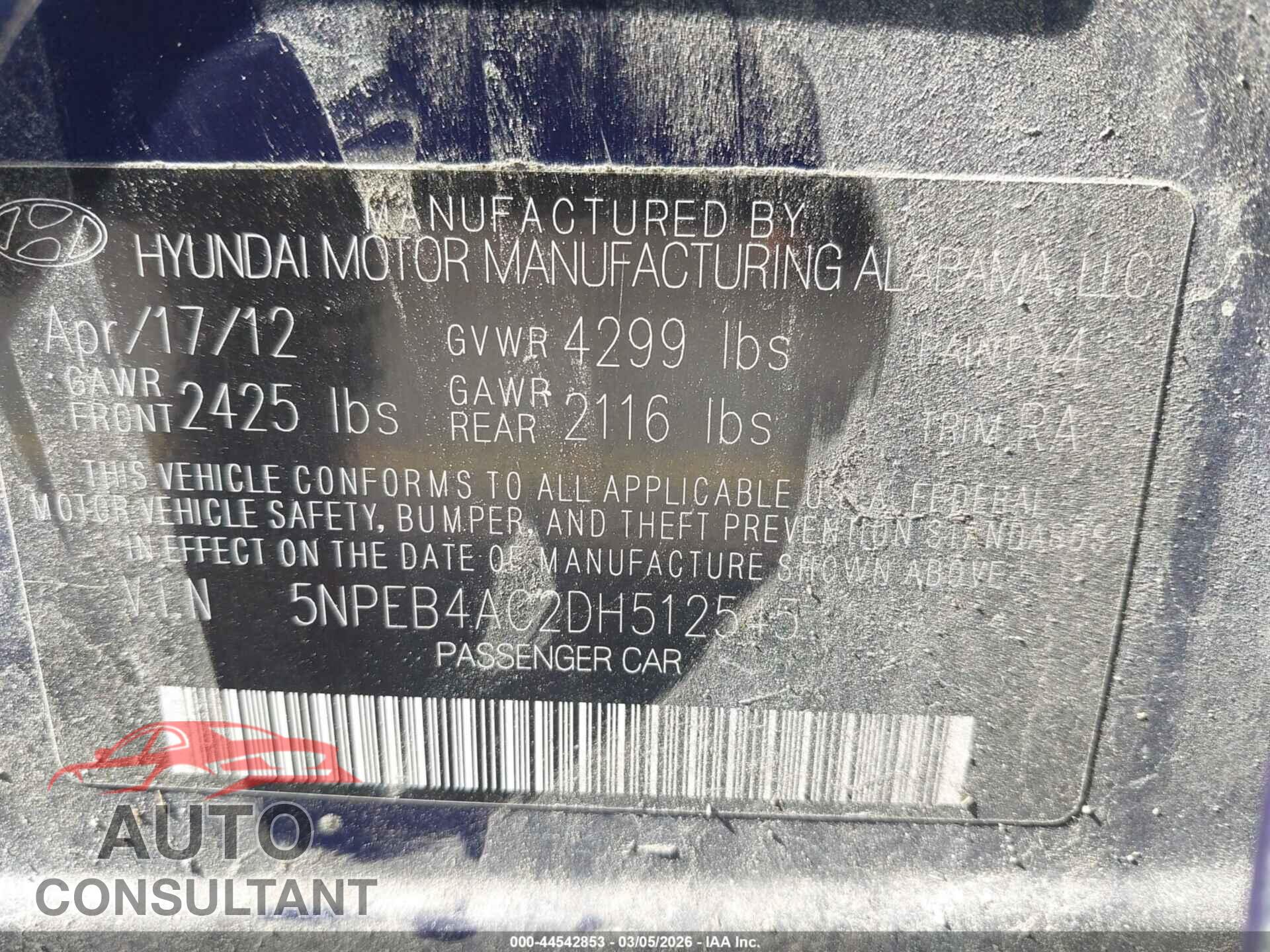 HYUNDAI SONATA 2013 - 5NPEB4AC2DH512545