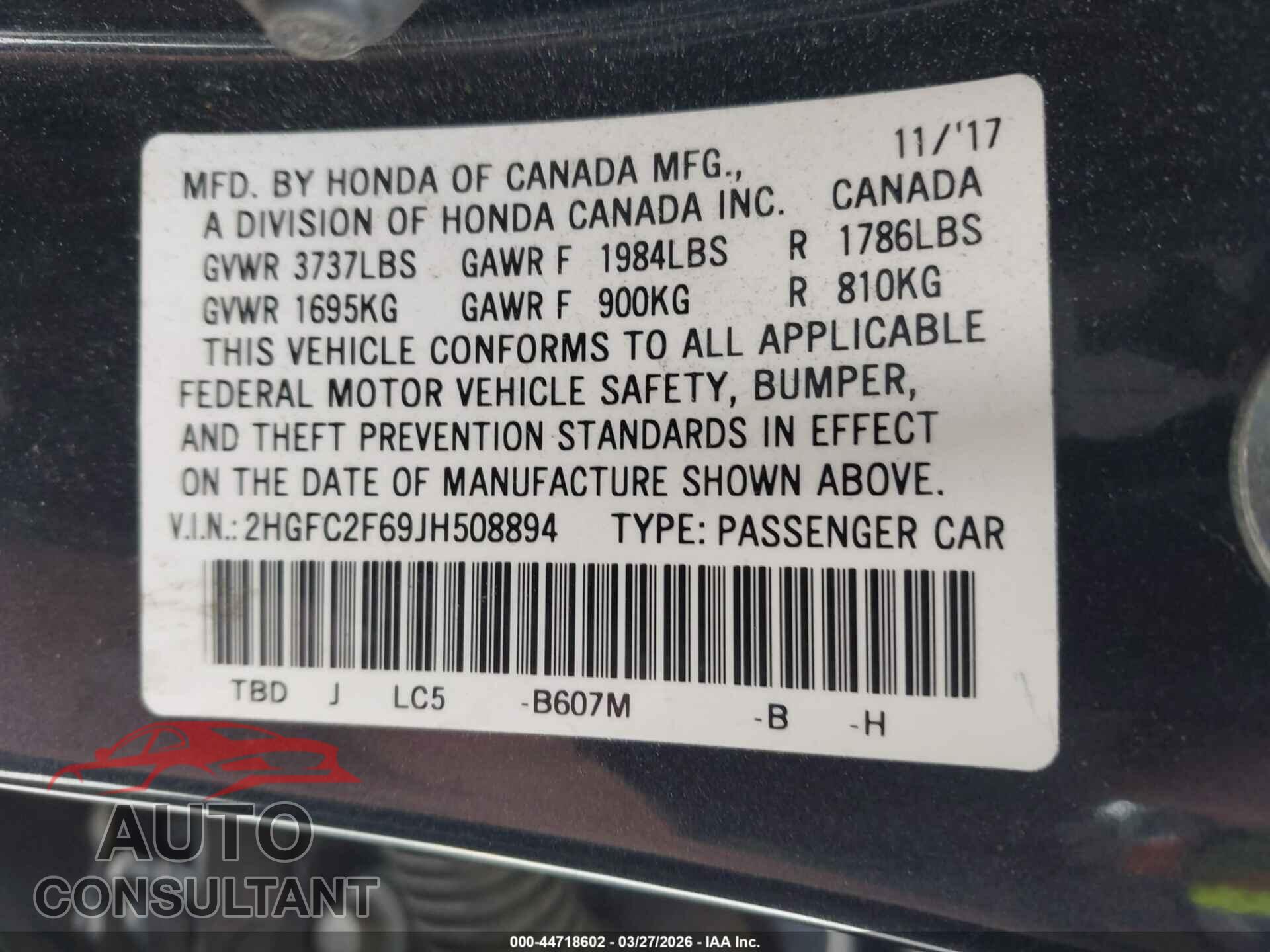 HONDA CIVIC 2018 - 2HGFC2F69JH508894