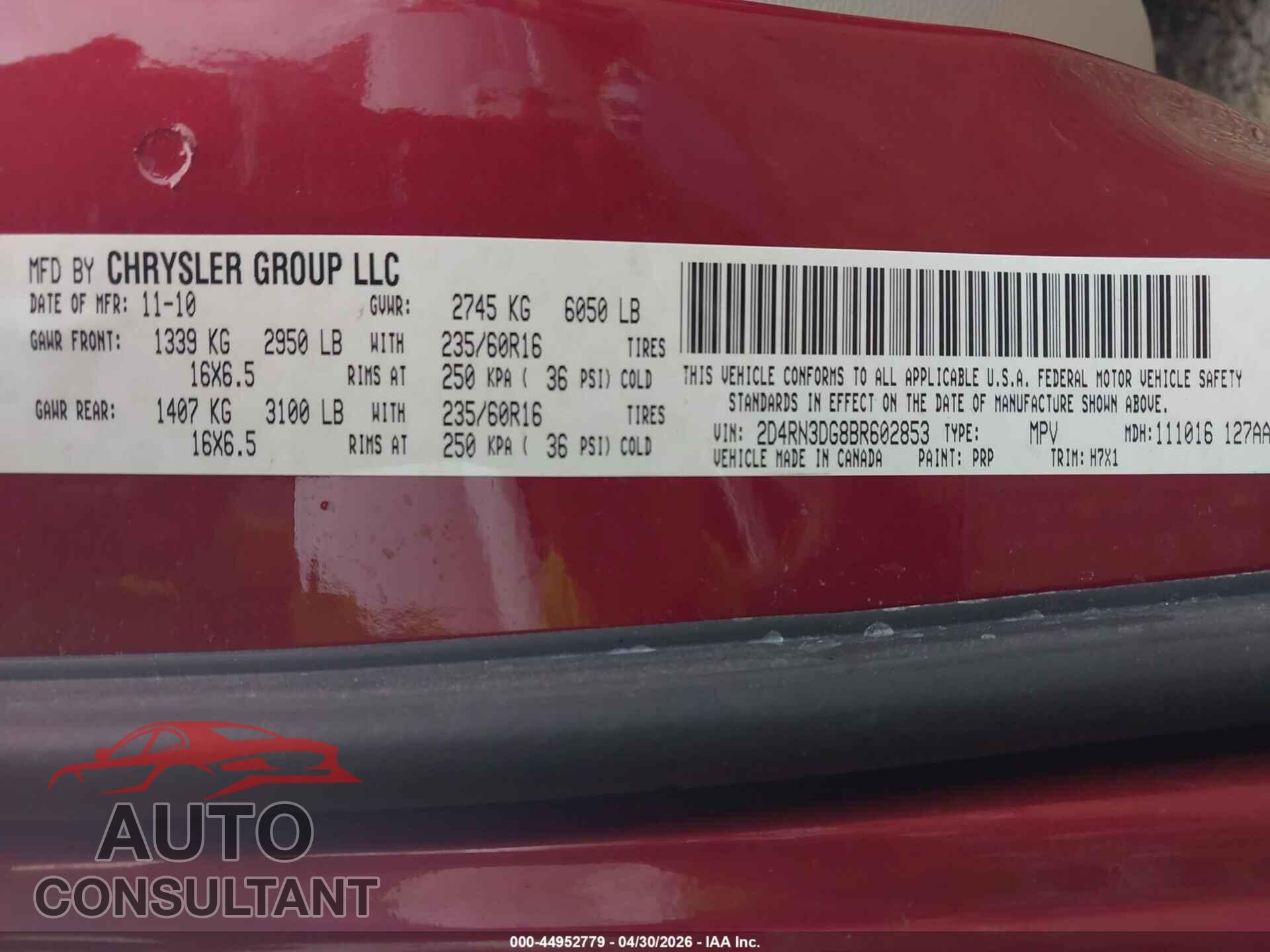 DODGE GRAND CARAVAN 2011 - 2D4RN3DG8BR602853
