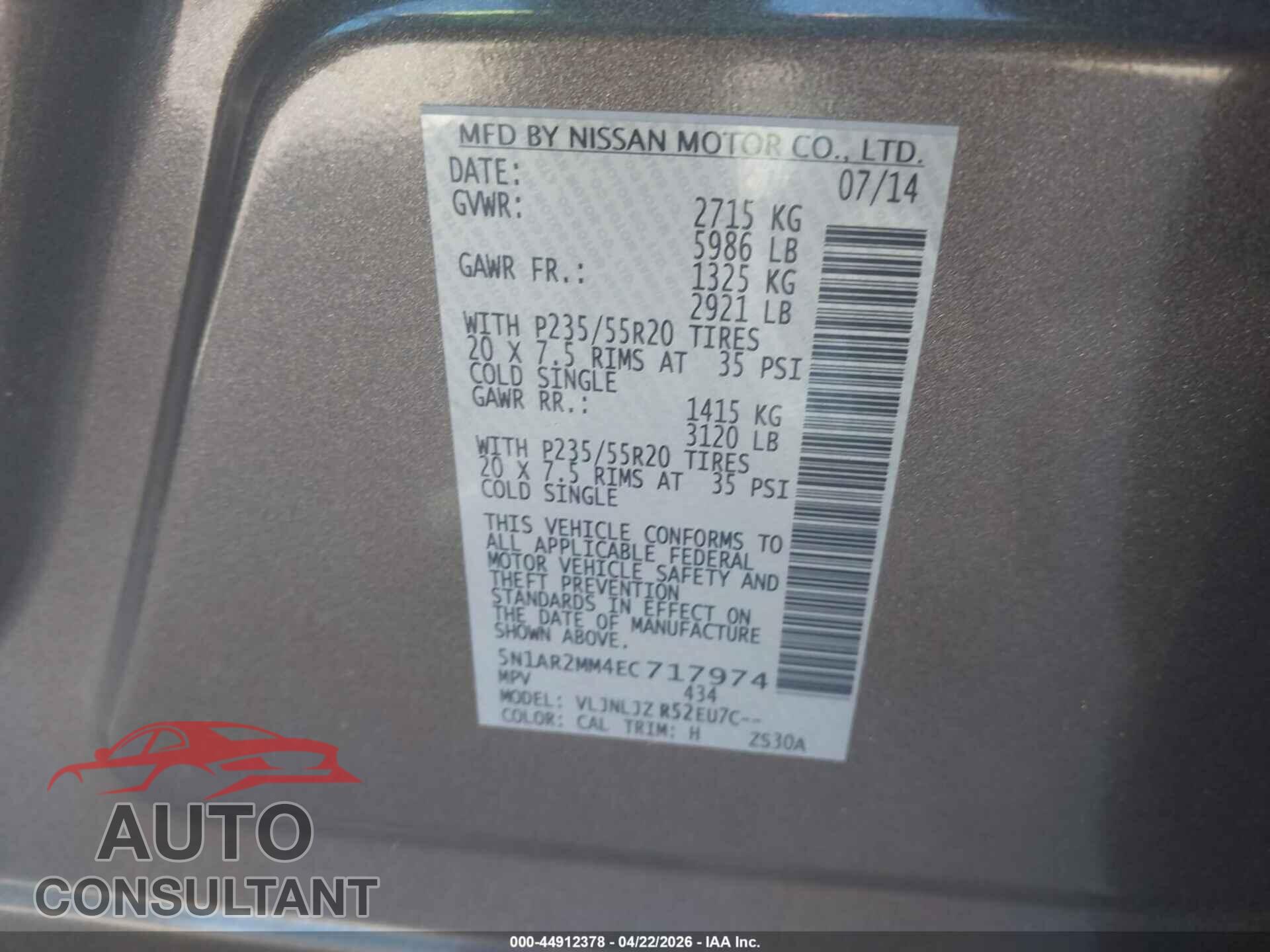 NISSAN PATHFINDER 2014 - 5N1AR2MM4EC717974