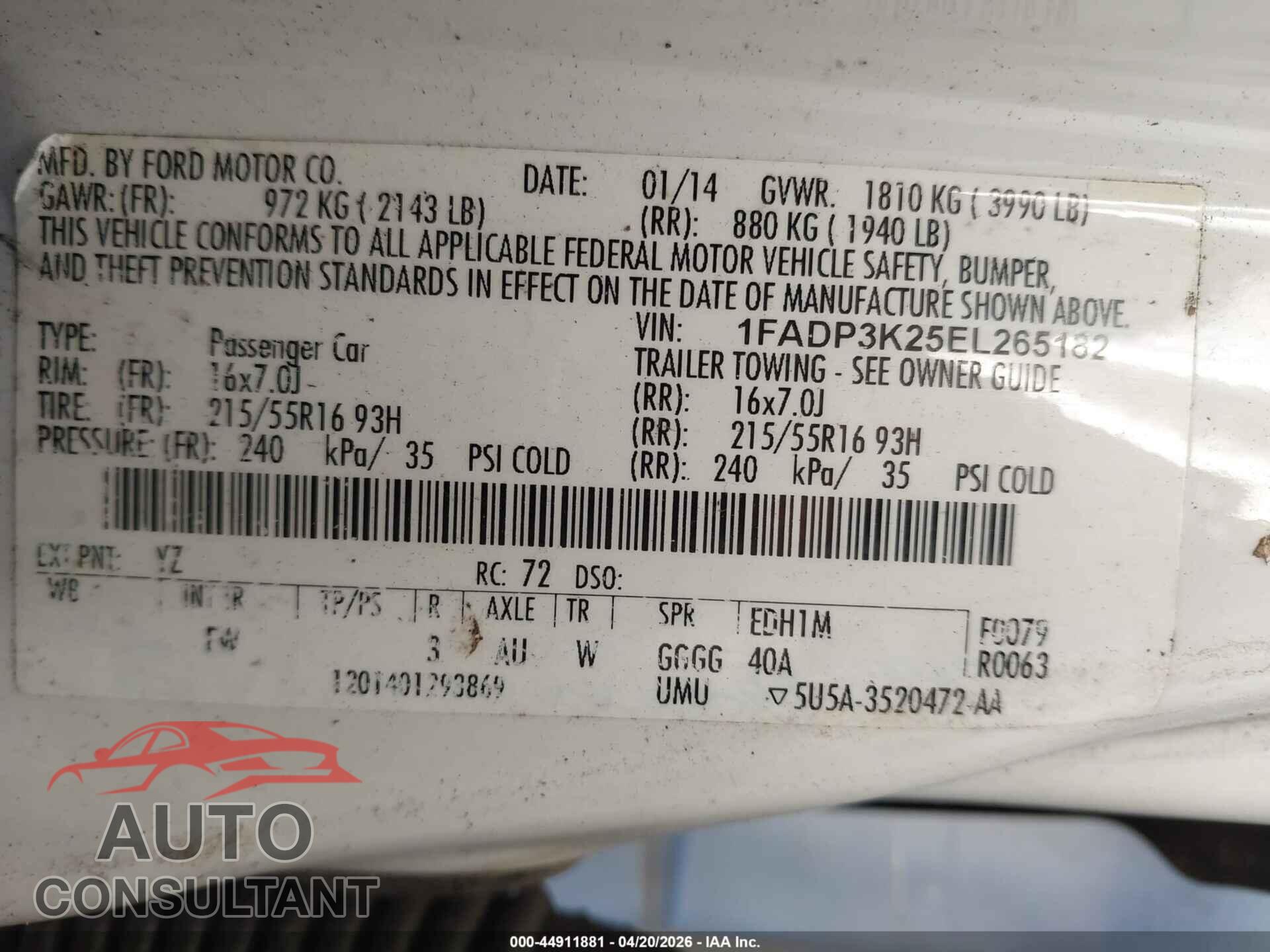 FORD FOCUS 2014 - 1FADP3K25EL265182
