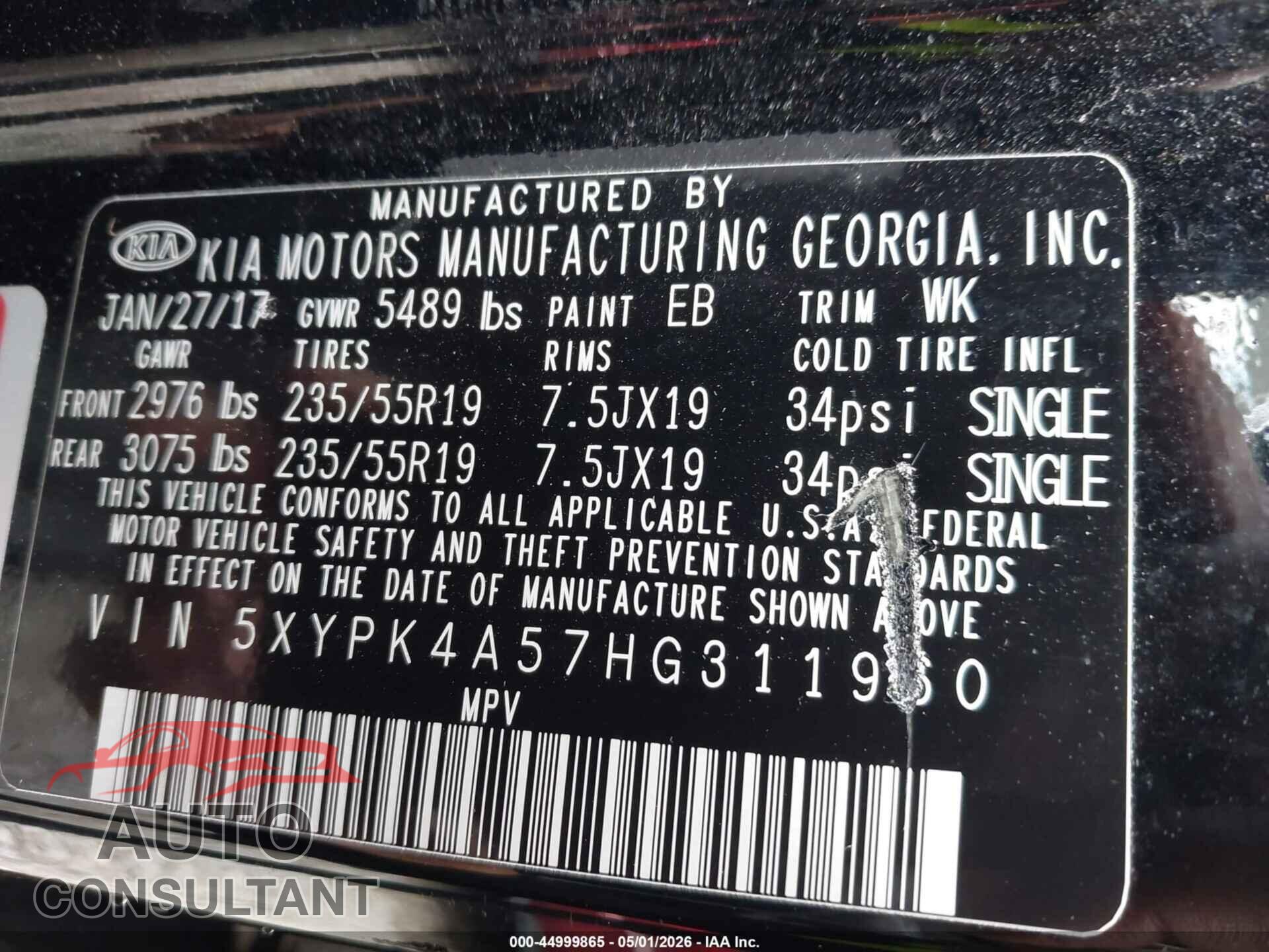 KIA SORENTO 2017 - 5XYPK4A57HG311960