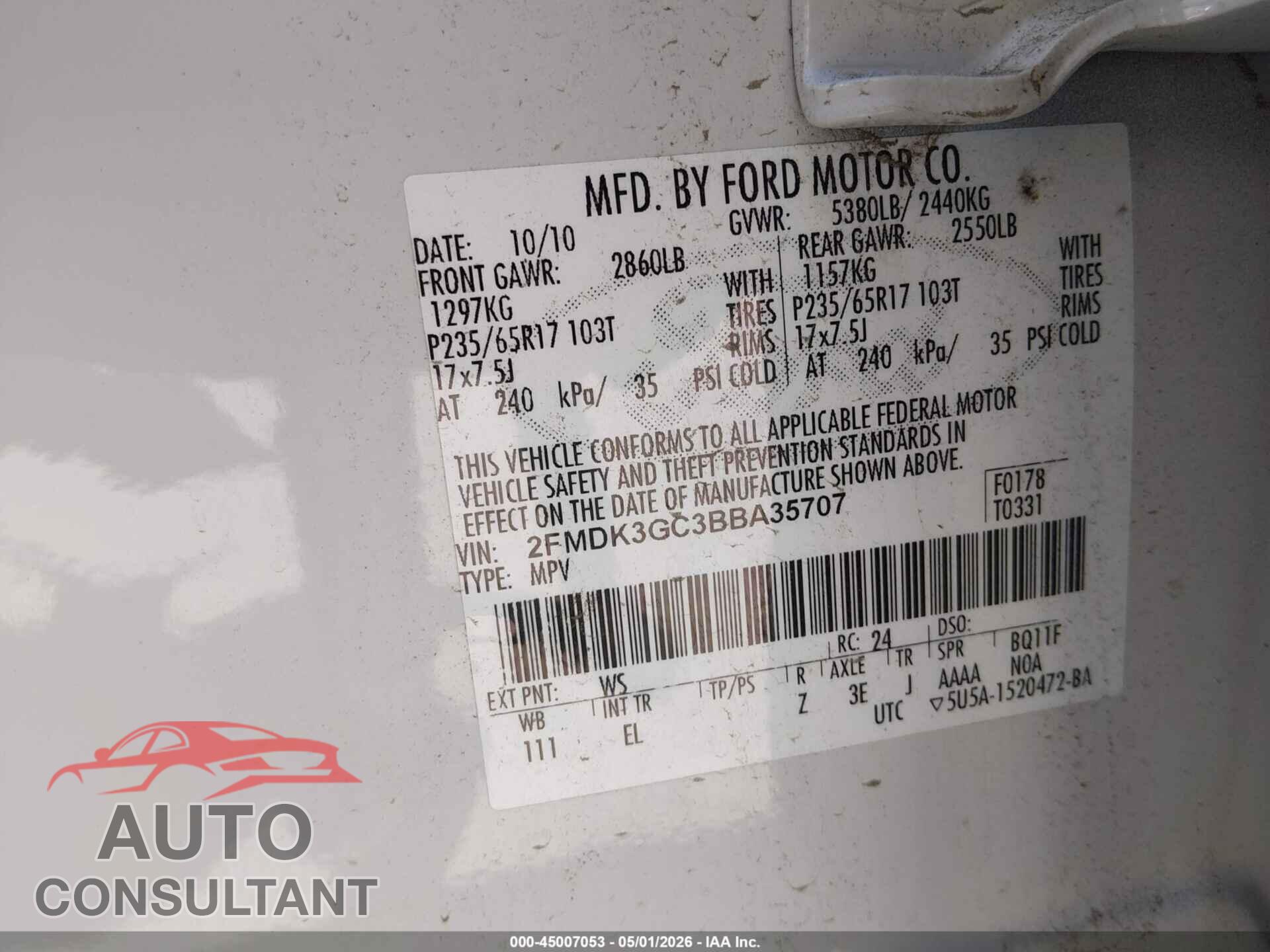 FORD EDGE 2011 - 2FMDK3GC3BBA35707
