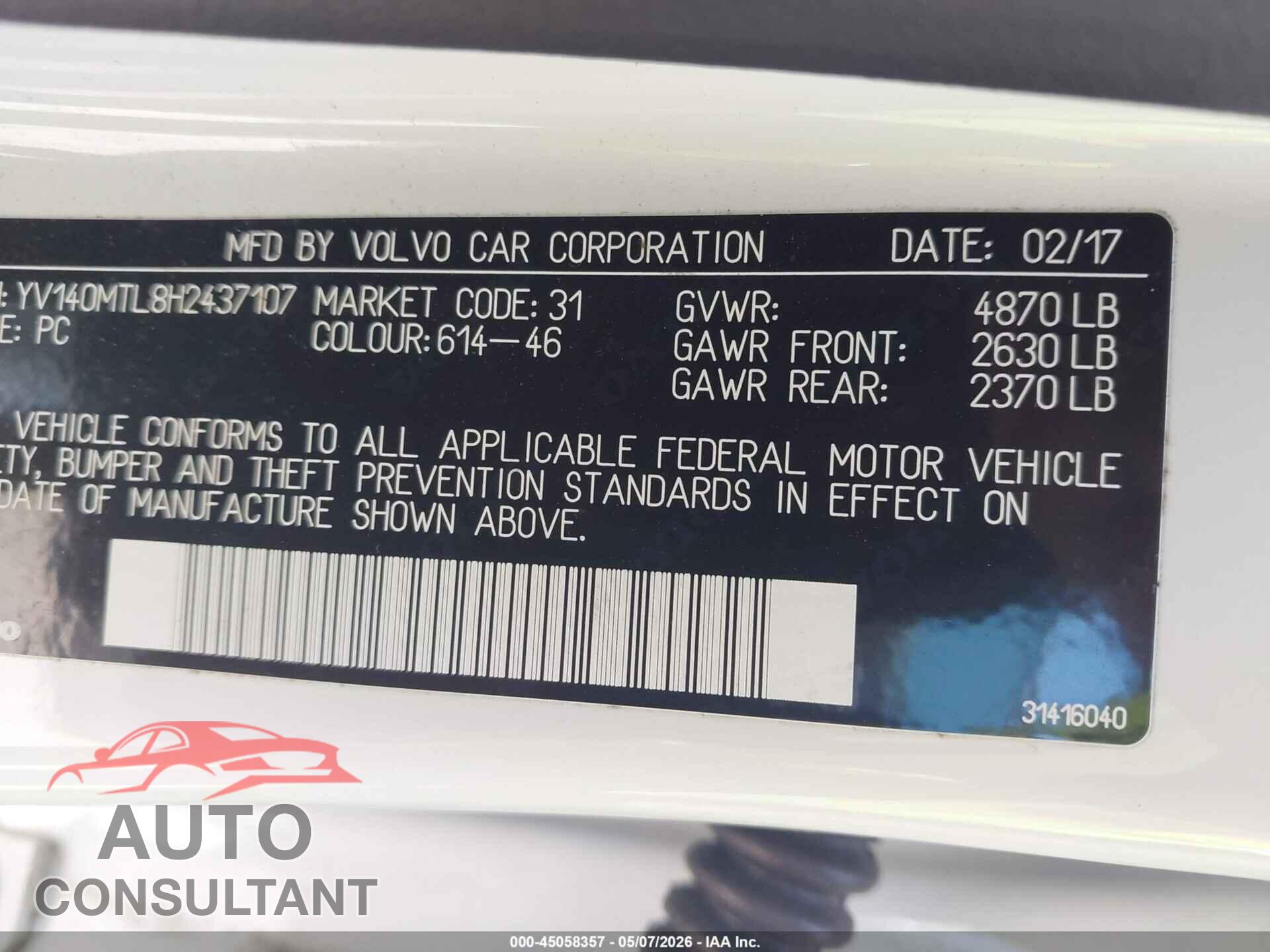 VOLVO S60 2017 - YV140MTL8H2437107