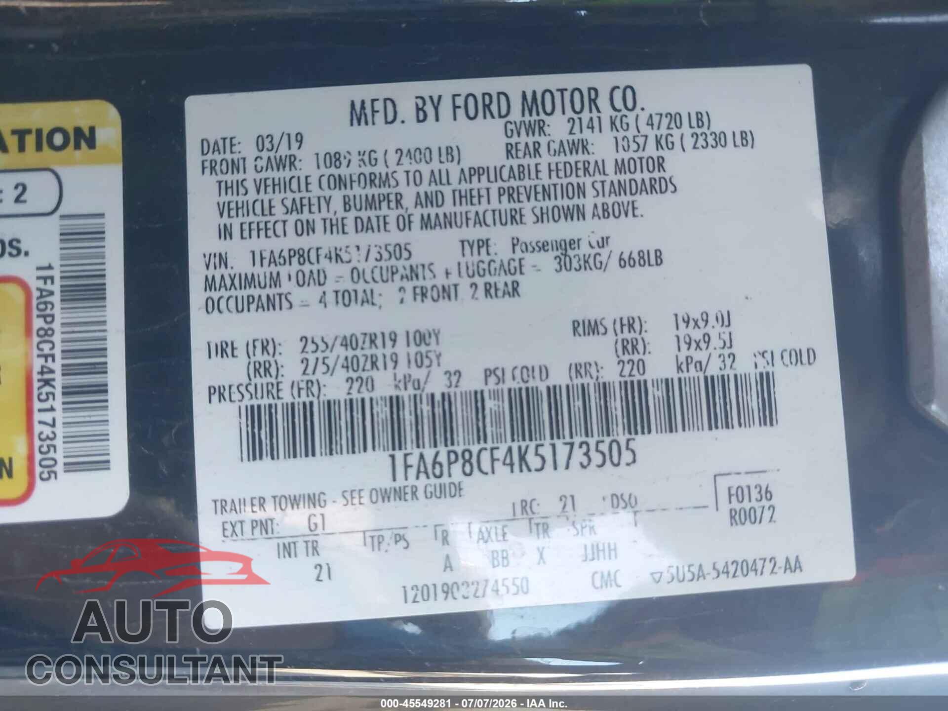 FORD MUSTANG 2019 - 1FA6P8CF4K5173505