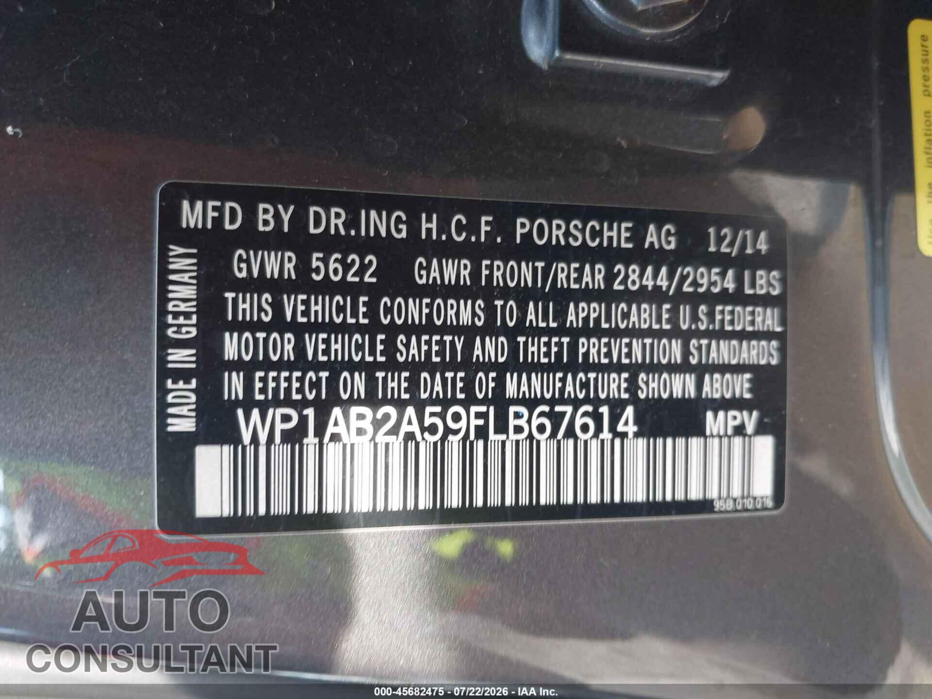 PORSCHE MACAN 2015 - WP1AB2A59FLB67614