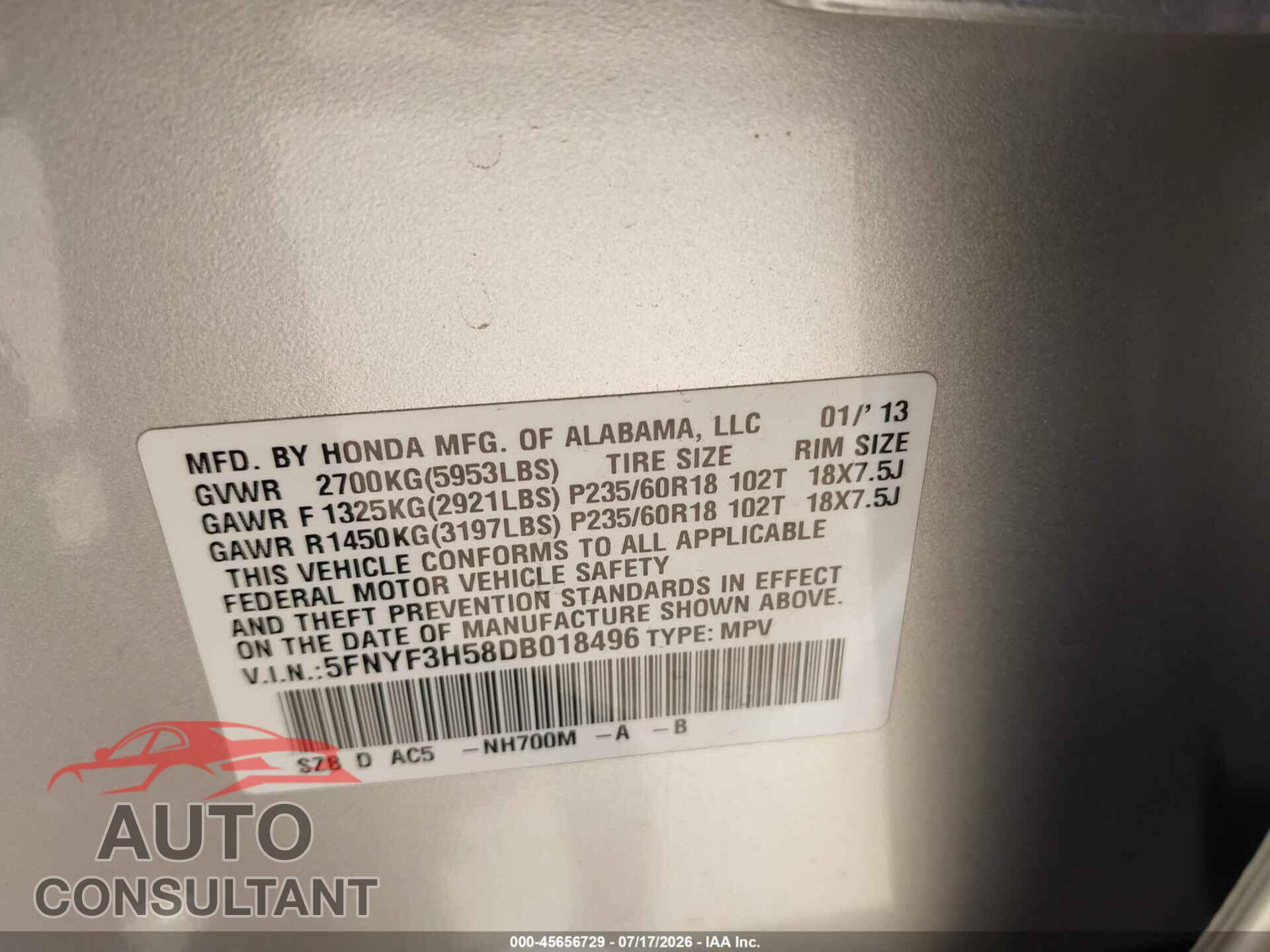 HONDA PILOT 2013 - 5FNYF3H58DB018496
