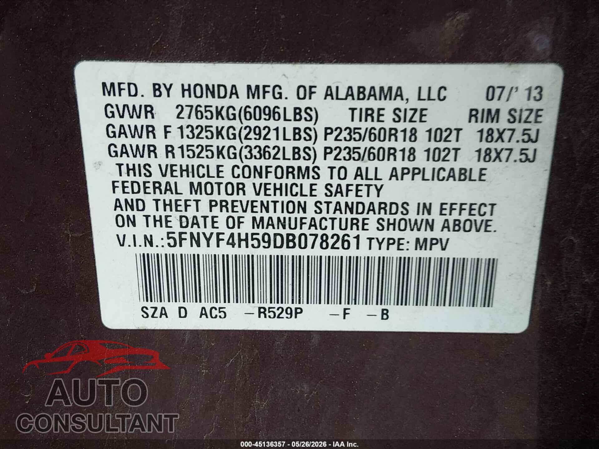 HONDA PILOT 2013 - 5FNYF4H59DB078261