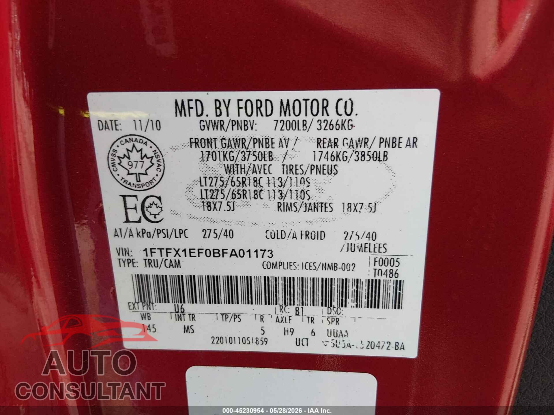 FORD F-150 2011 - 1FTFX1EF0BFA01173