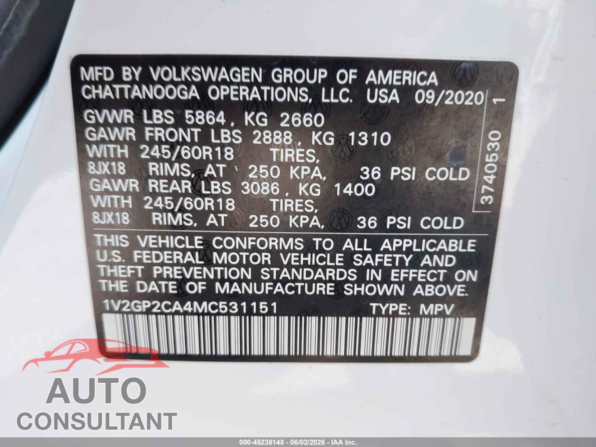 VOLKSWAGEN ATLAS 2021 - 1V2GP2CA4MC531151