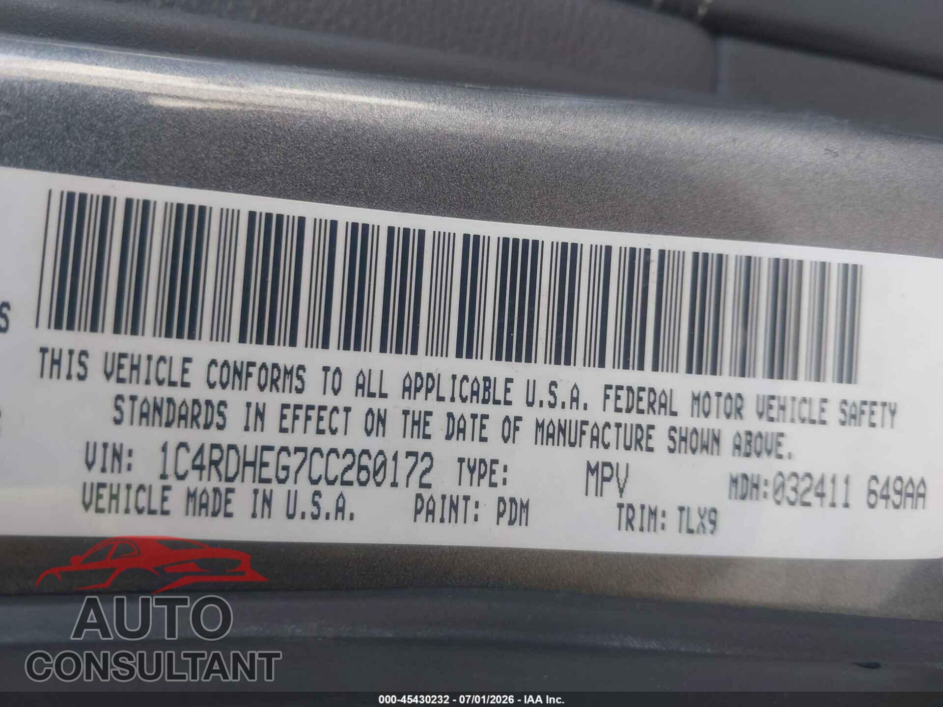 DODGE DURANGO 2012 - 1C4RDHEG7CC260172
