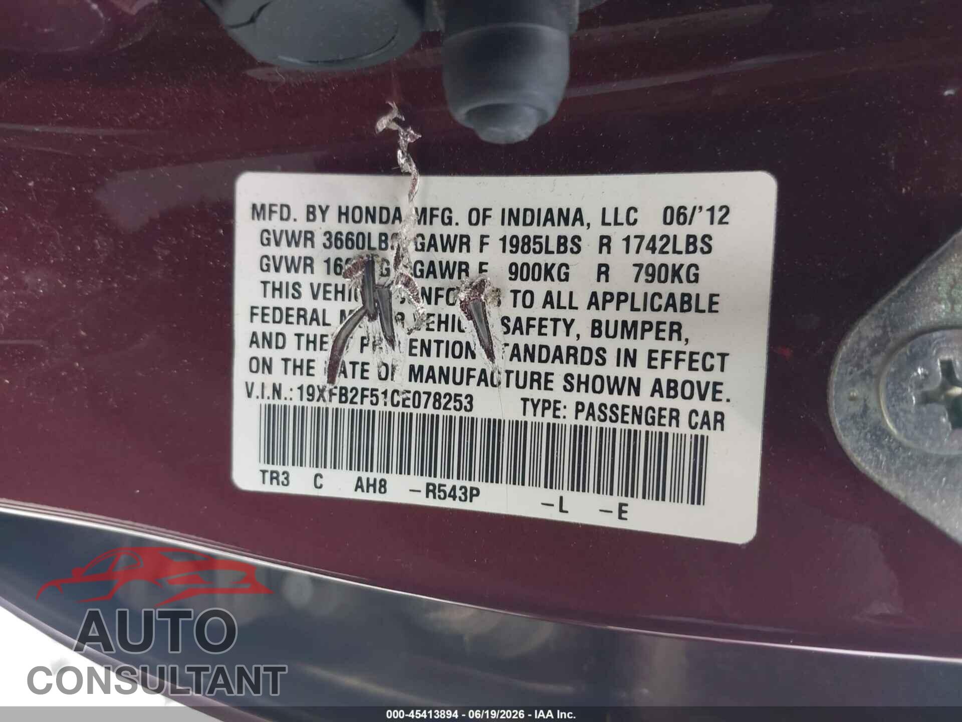 HONDA CIVIC 2012 - 19XFB2F51CE078253