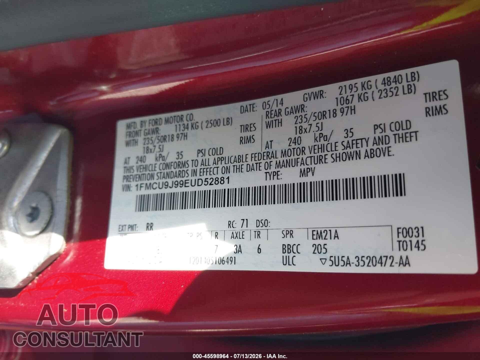 FORD ESCAPE 2014 - 1FMCU9J99EUD52881
