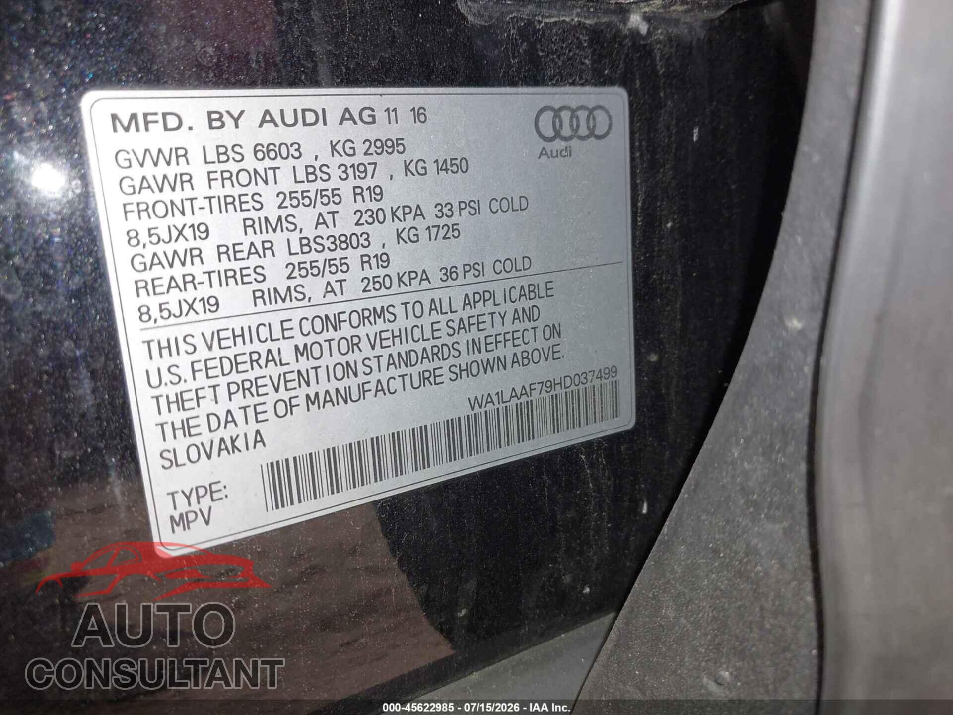 AUDI Q7 2017 - WA1LAAF79HD037499