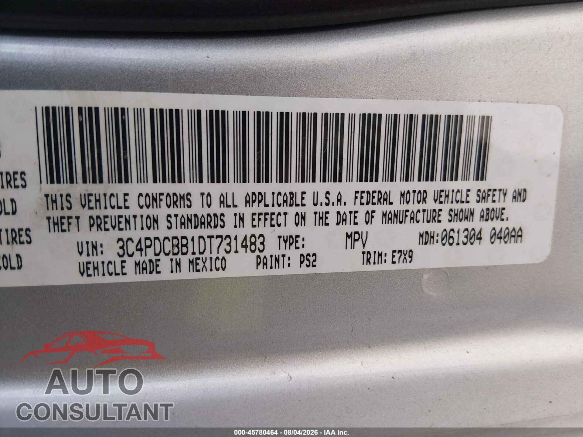 DODGE JOURNEY 2013 - 3C4PDCBB1DT731483