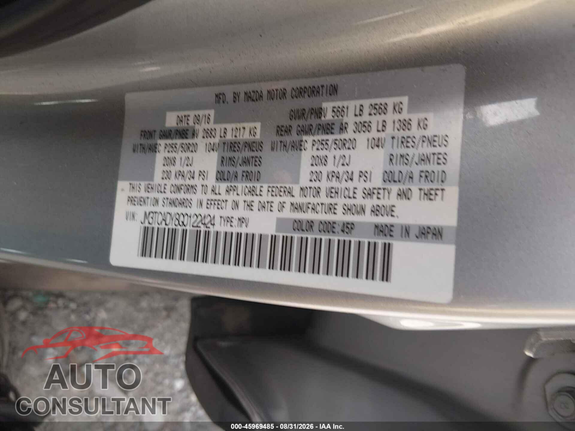 MAZDA CX-9 2016 - JM3TCADY8G0122424