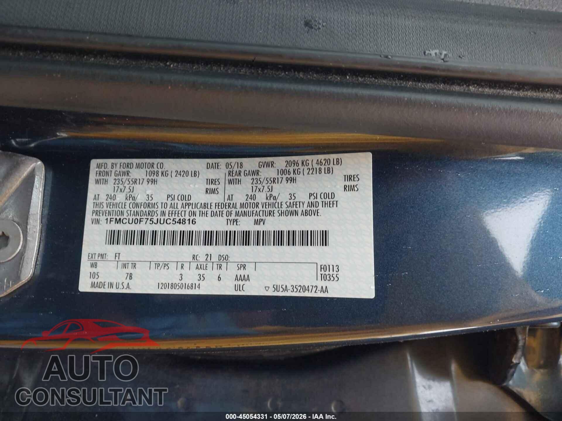 FORD ESCAPE 2018 - 1FMCU0F75JUC54816