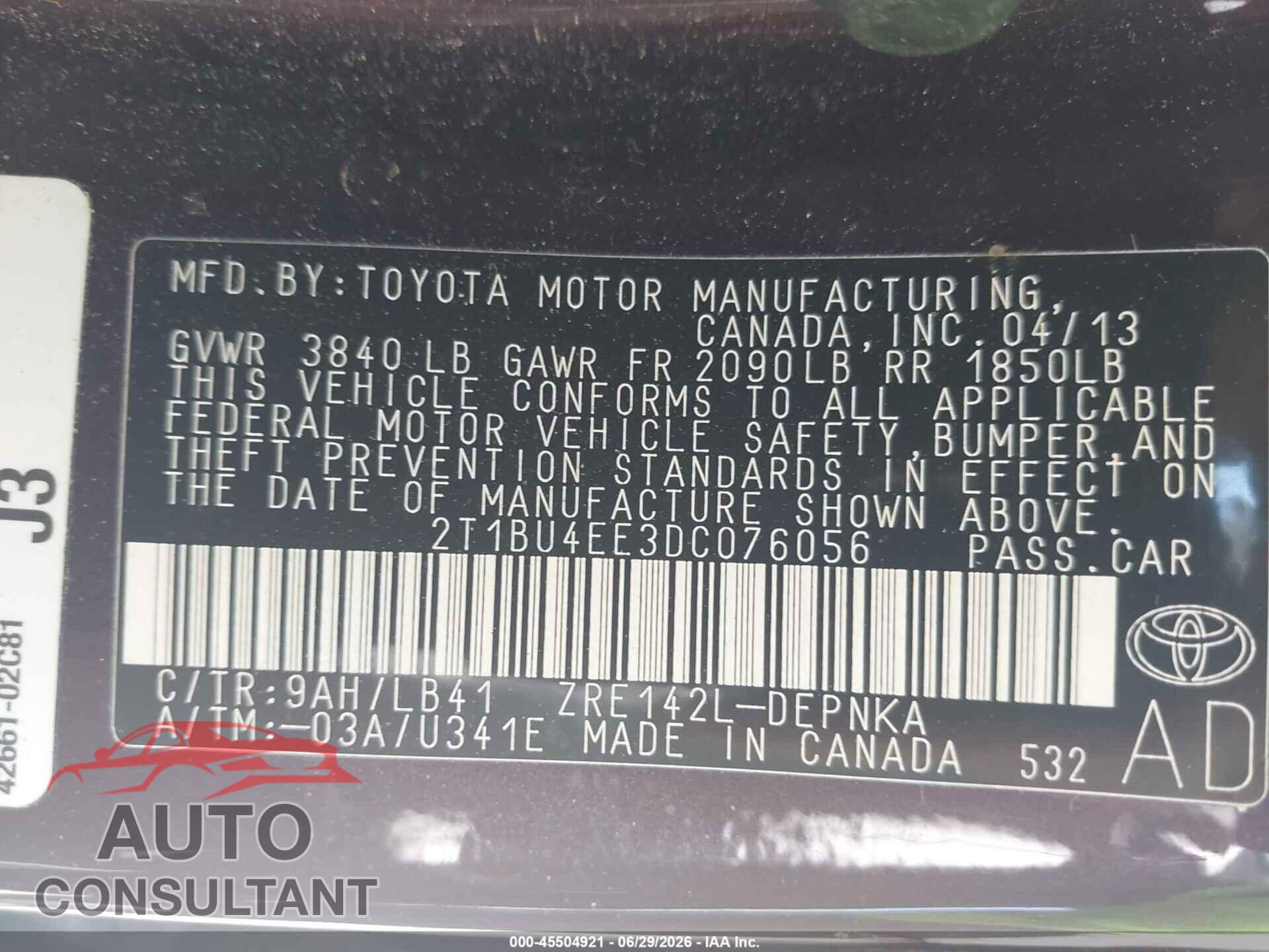 TOYOTA COROLLA 2013 - 2T1BU4EE3DC076056