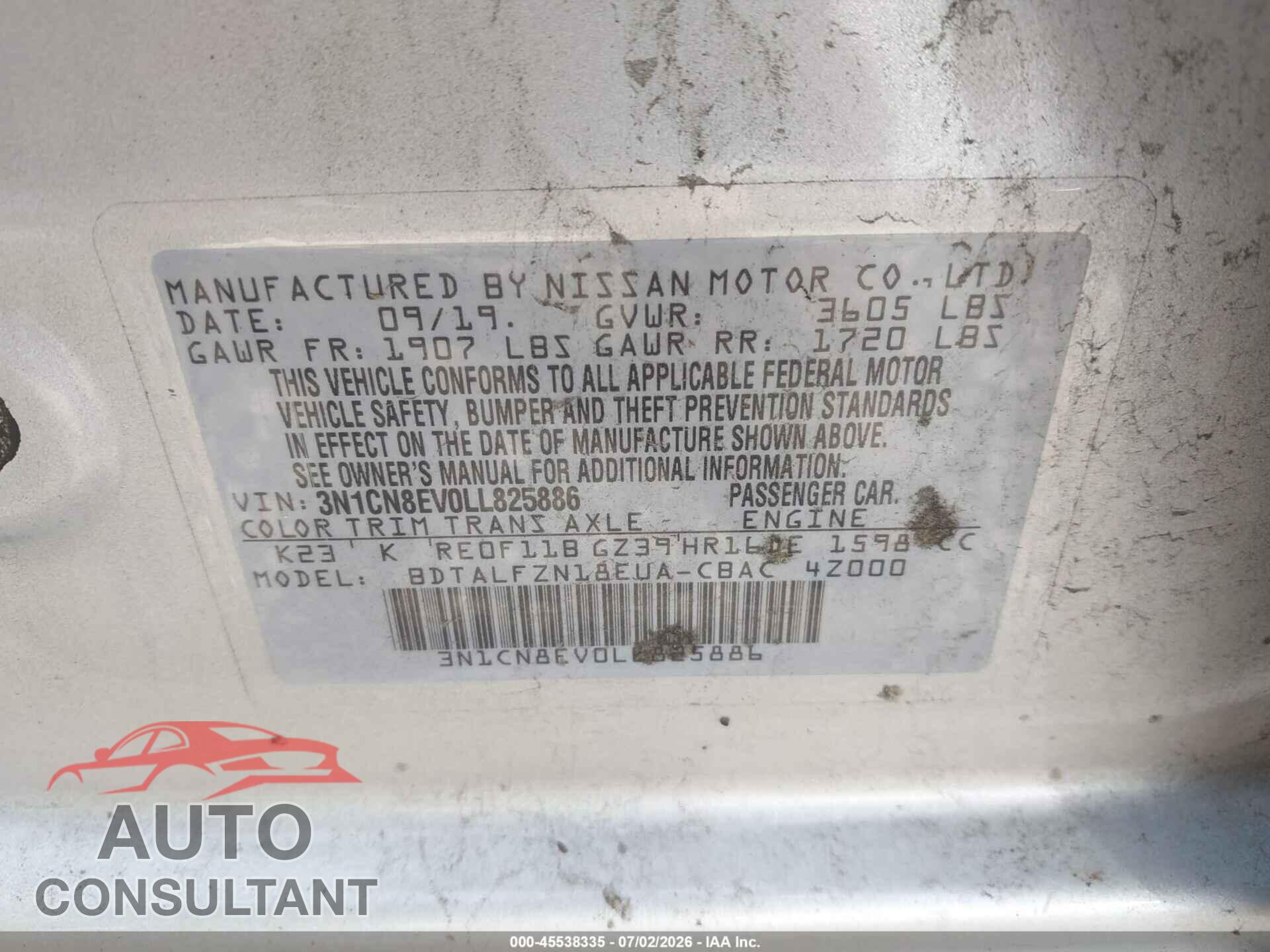 NISSAN VERSA 2020 - 3N1CN8EV0LL825886