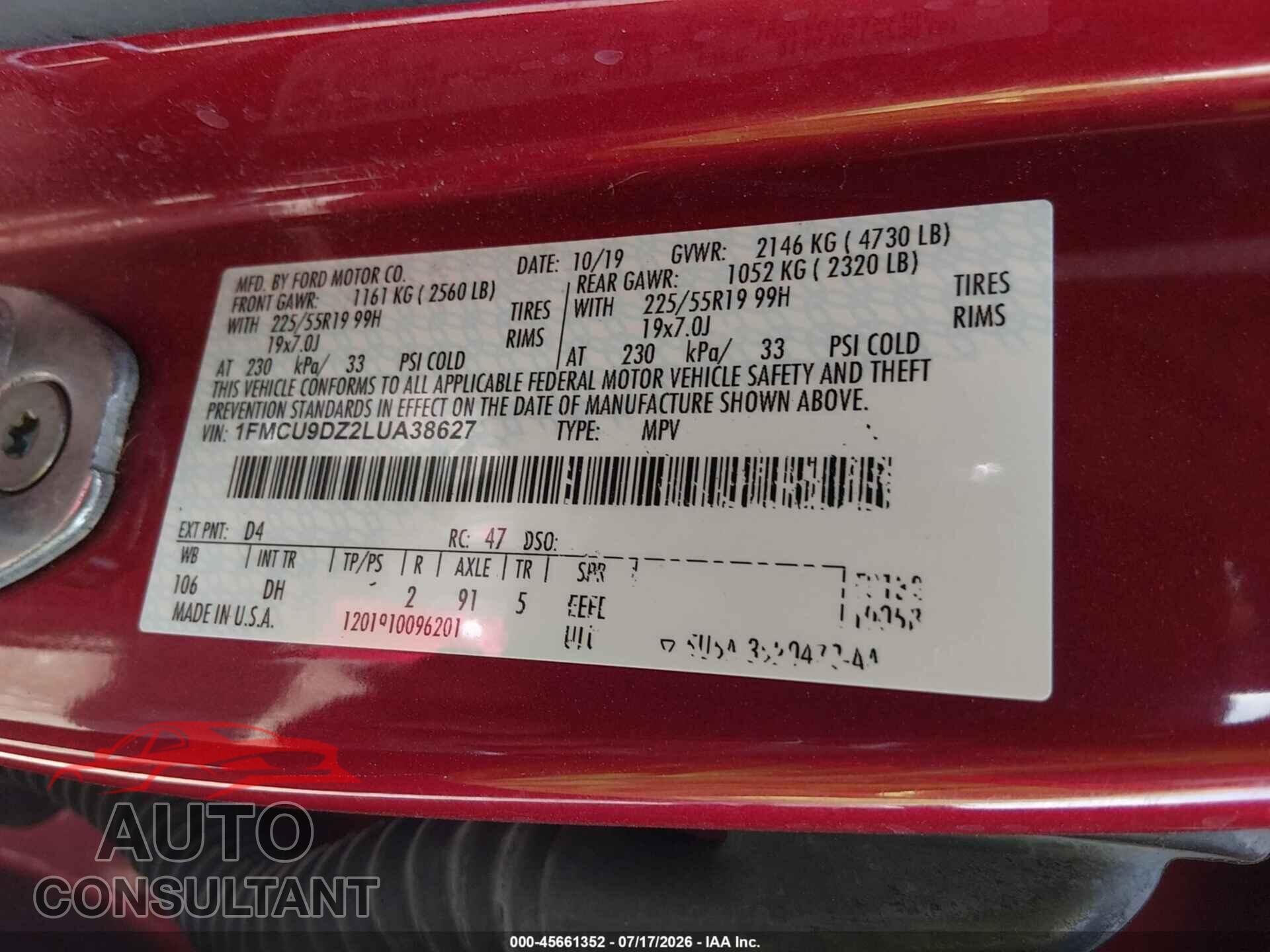 FORD ESCAPE 2020 - 1FMCU9DZ2LUA38627