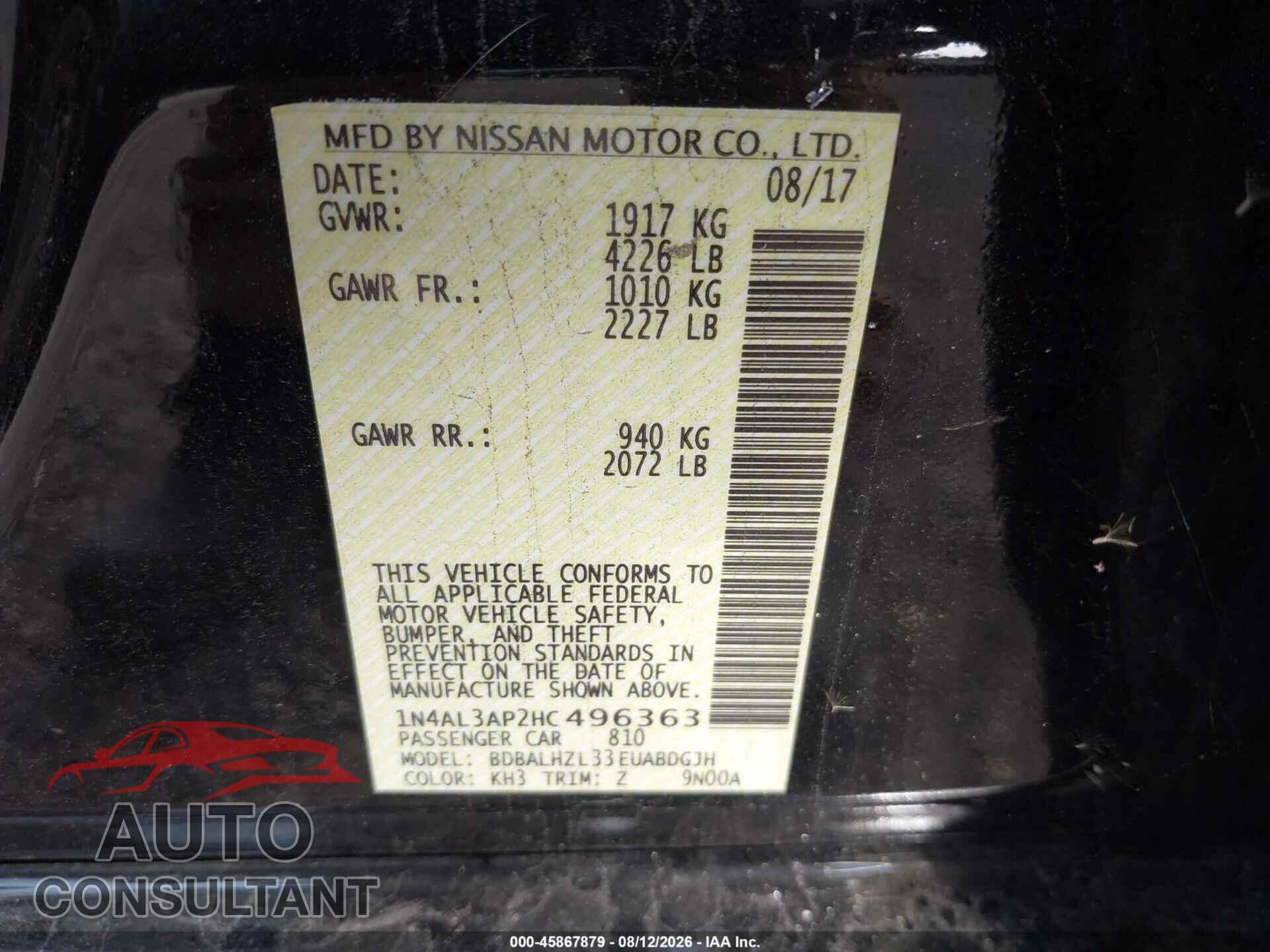 NISSAN ALTIMA 2017 - 1N4AL3AP2HC496363