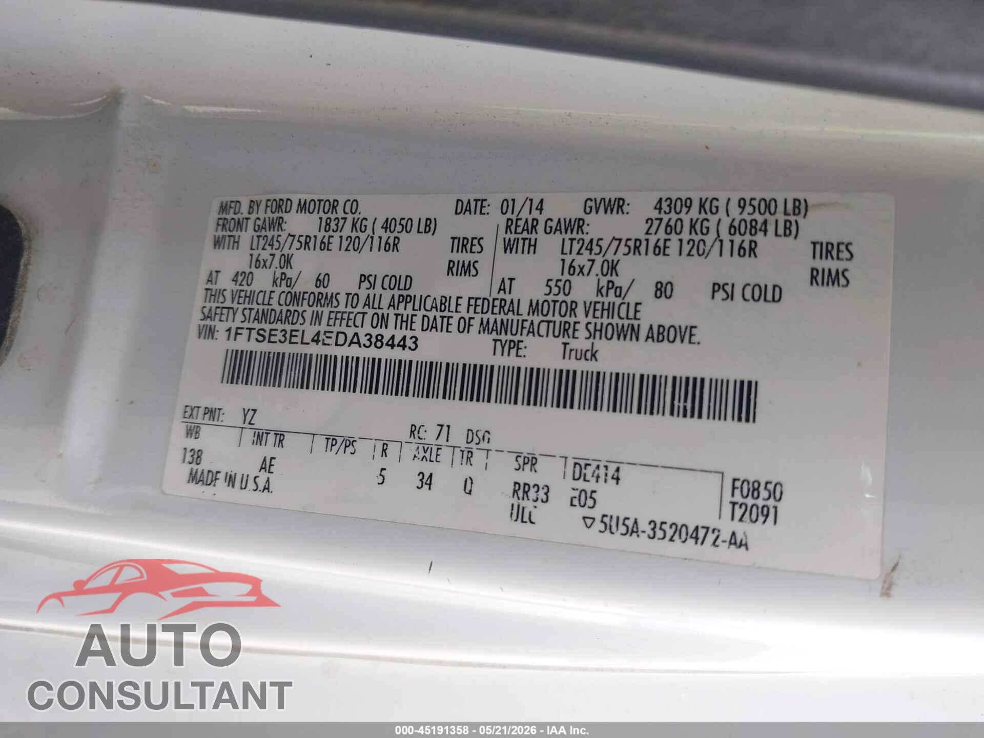 FORD E-350 SUPER DUTY 2014 - 1FTSE3EL4EDA38443