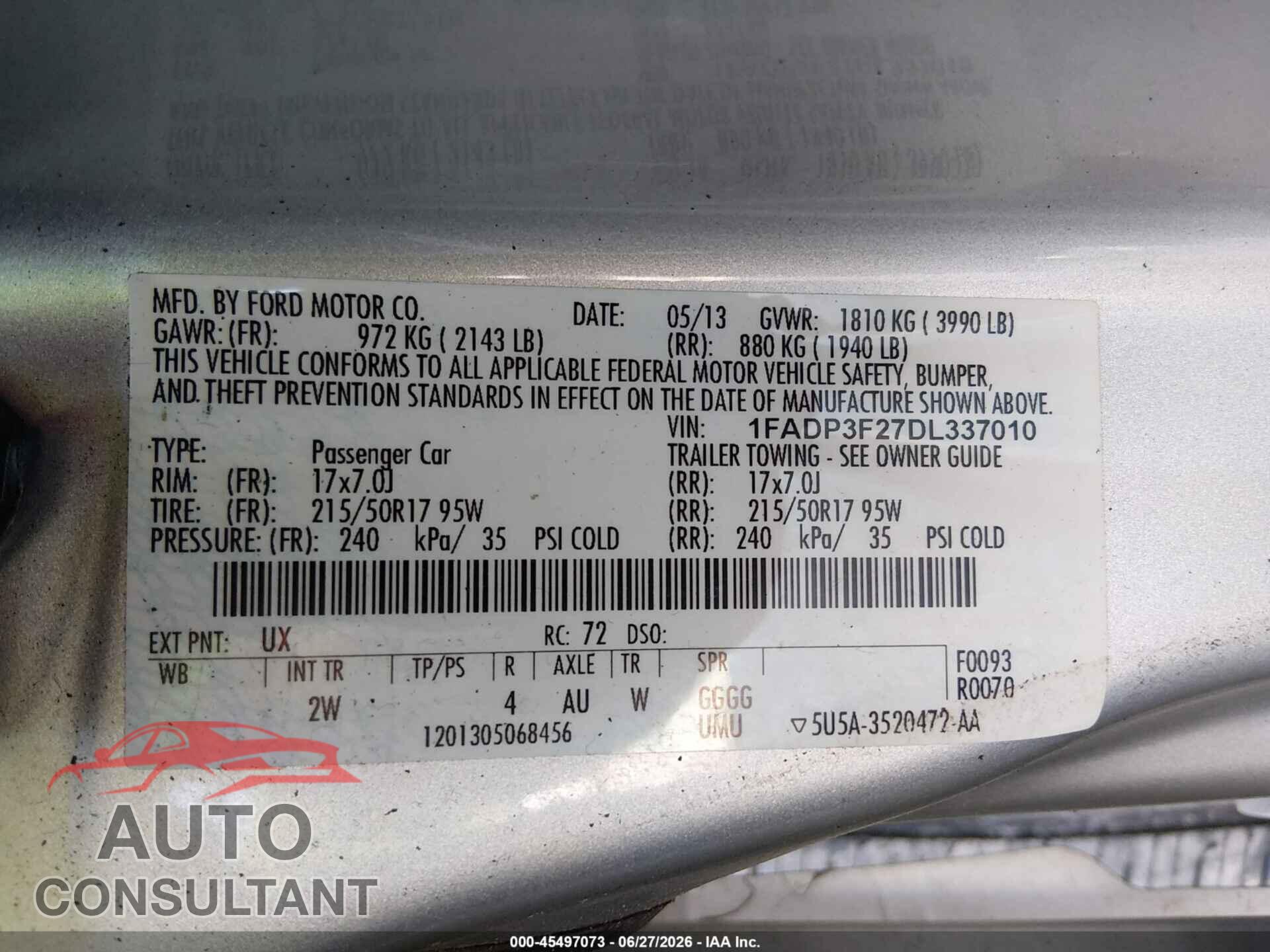 FORD FOCUS 2013 - 1FADP3F27DL337010