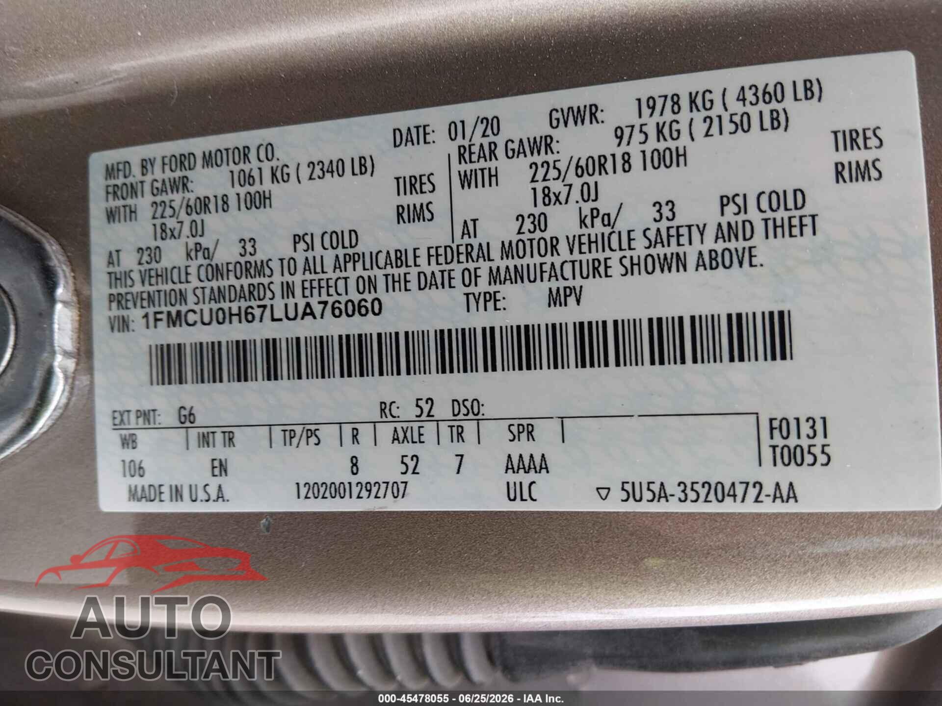 FORD ESCAPE 2020 - 1FMCU0H67LUA76060