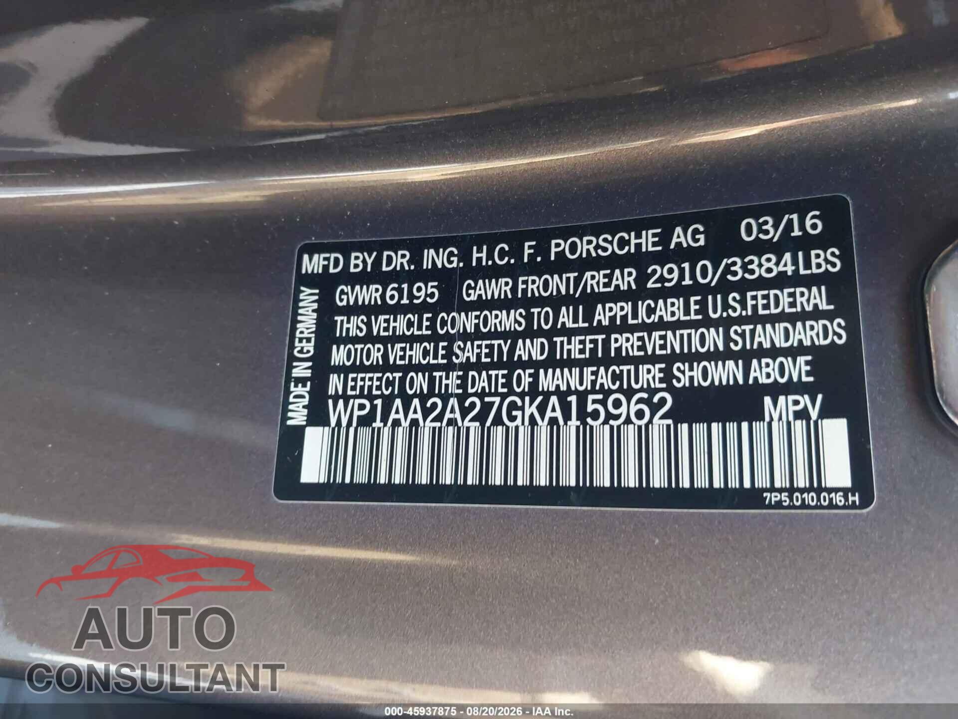 PORSCHE CAYENNE 2016 - WP1AA2A27GKA15962