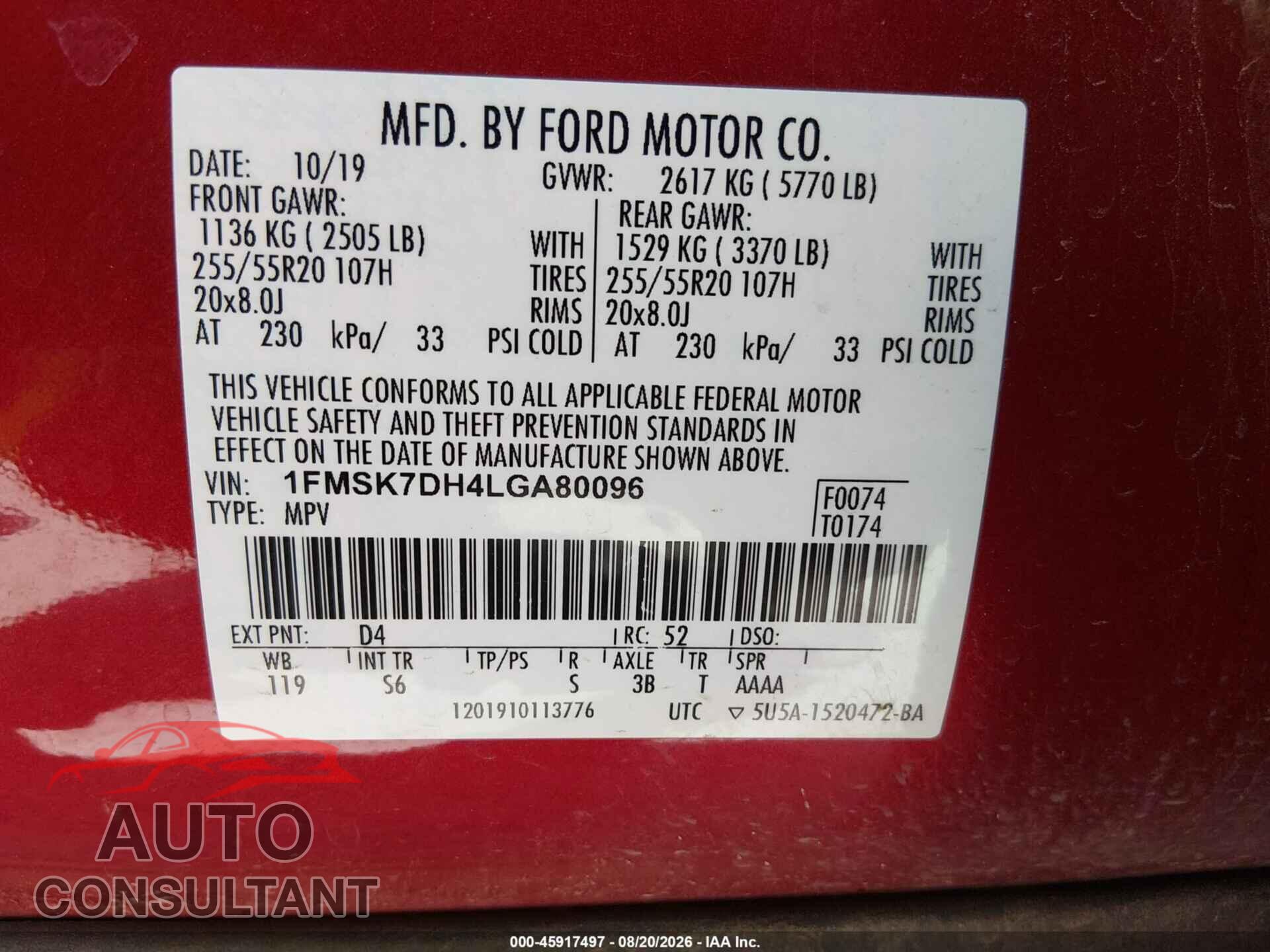 FORD EXPLORER 2020 - 1FMSK7DH4LGA80096