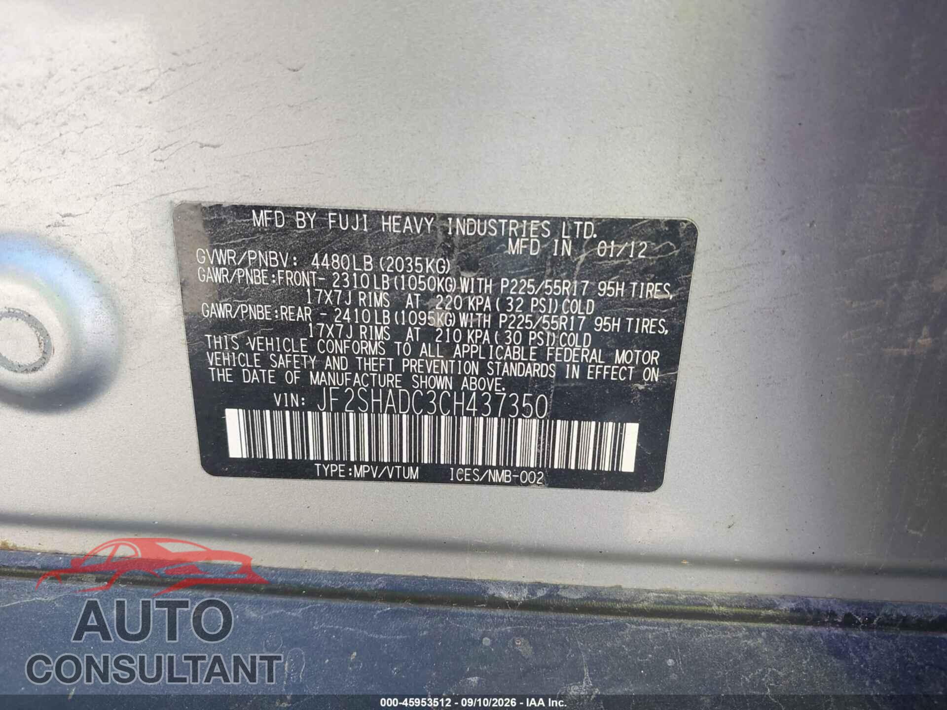 SUBARU FORESTER 2012 - JF2SHADC3CH437350