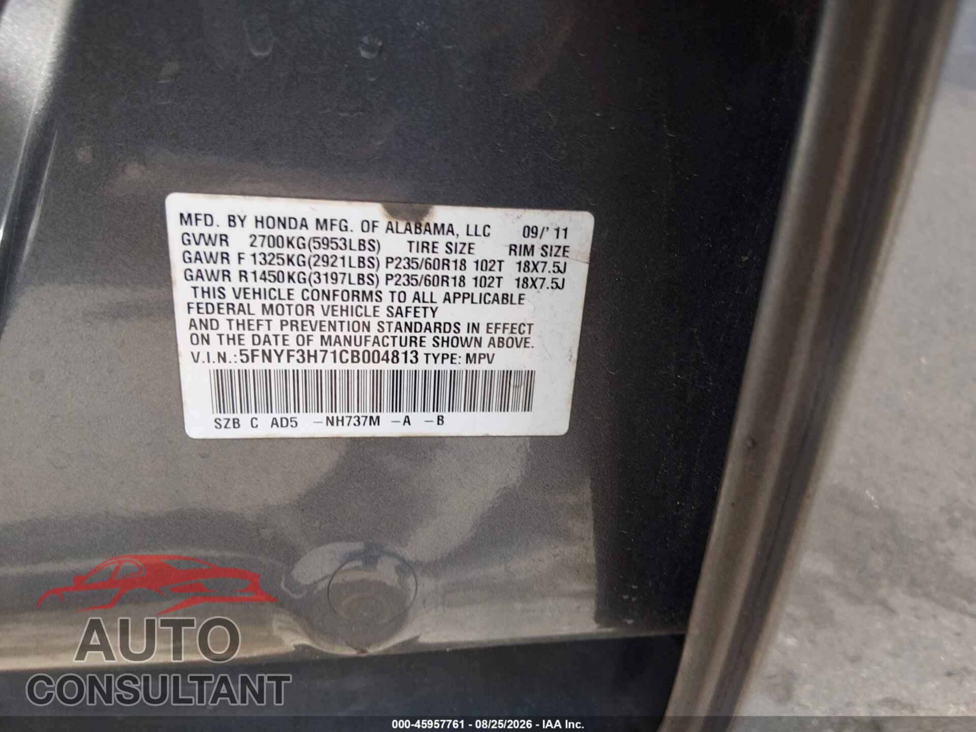 HONDA PILOT 2012 - 5FNYF3H71CB004813