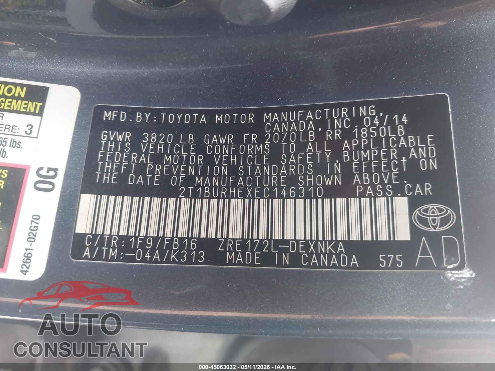 TOYOTA COROLLA 2014 - 2T1BURHEXEC146310