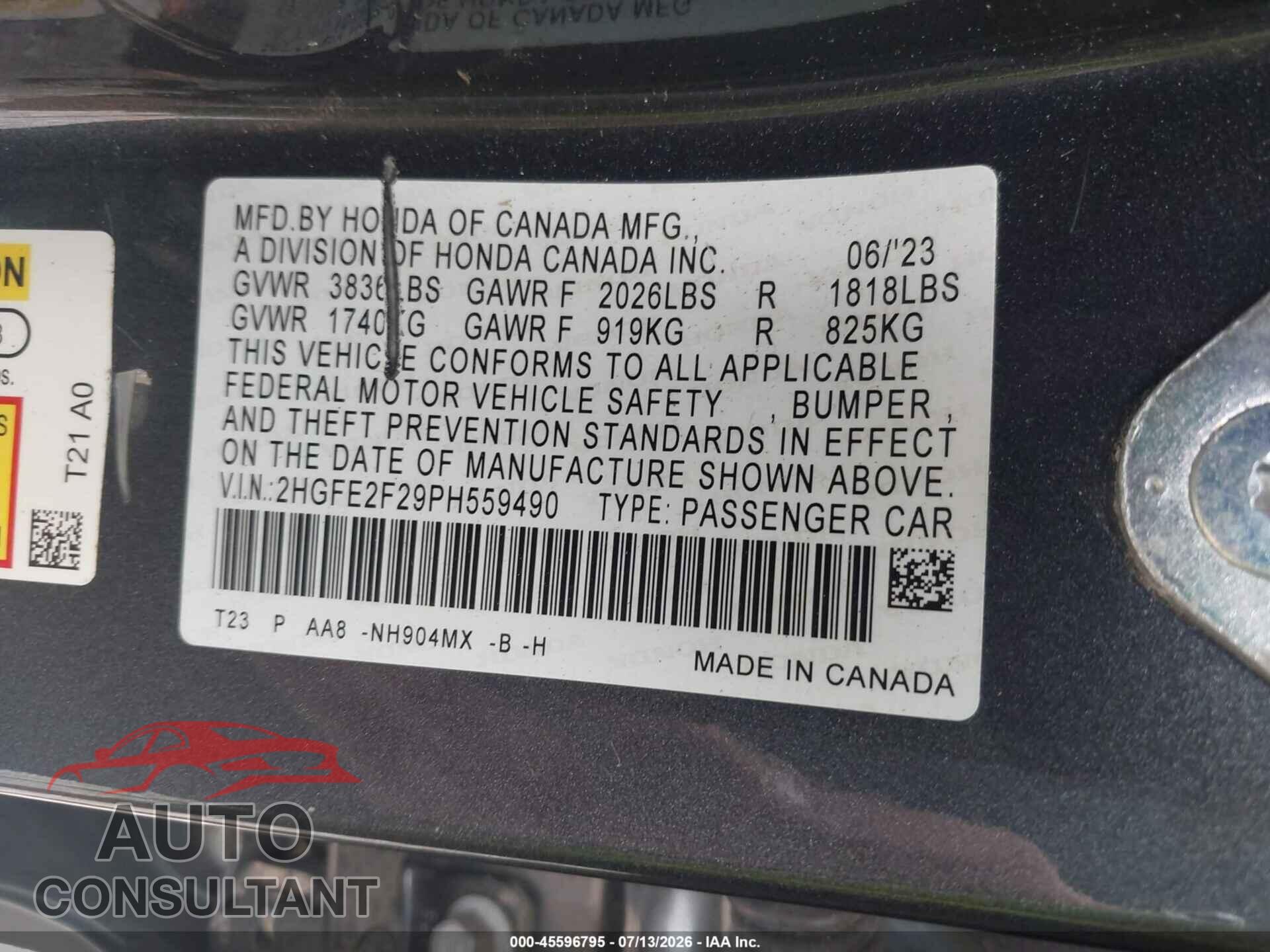 HONDA CIVIC 2023 - 2HGFE2F29PH559490