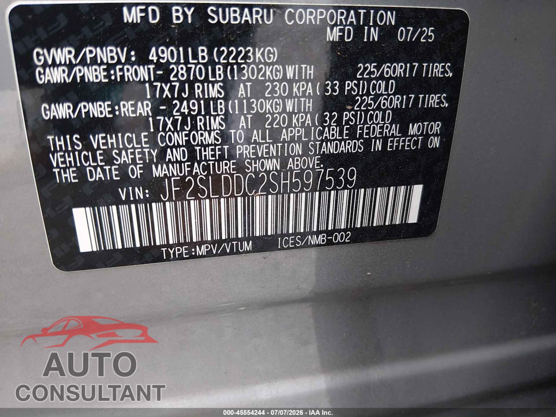 SUBARU FORESTER 2025 - JF2SLDDC2SH597539