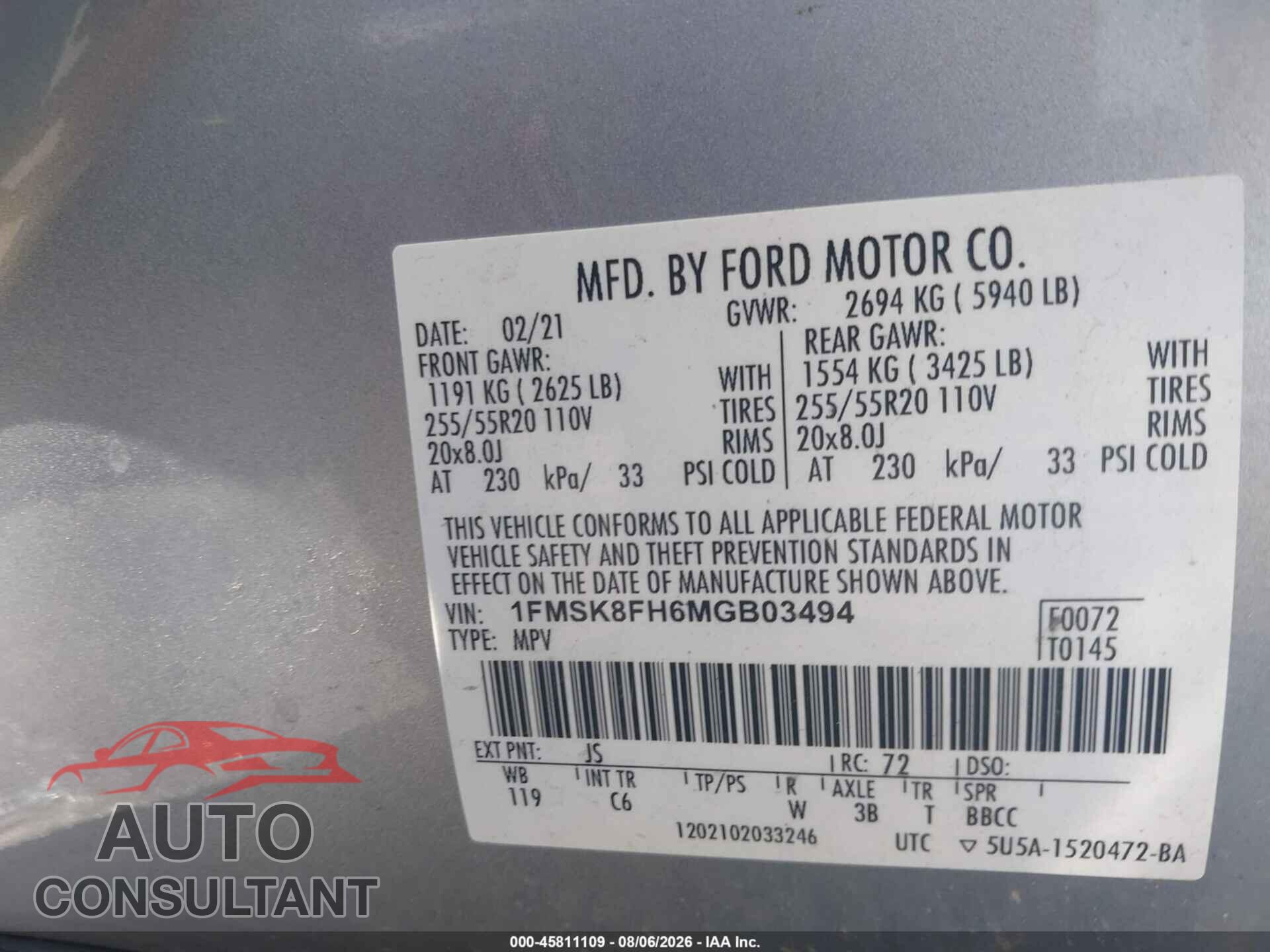 FORD EXPLORER 2021 - 1FMSK8FH6MGB03494