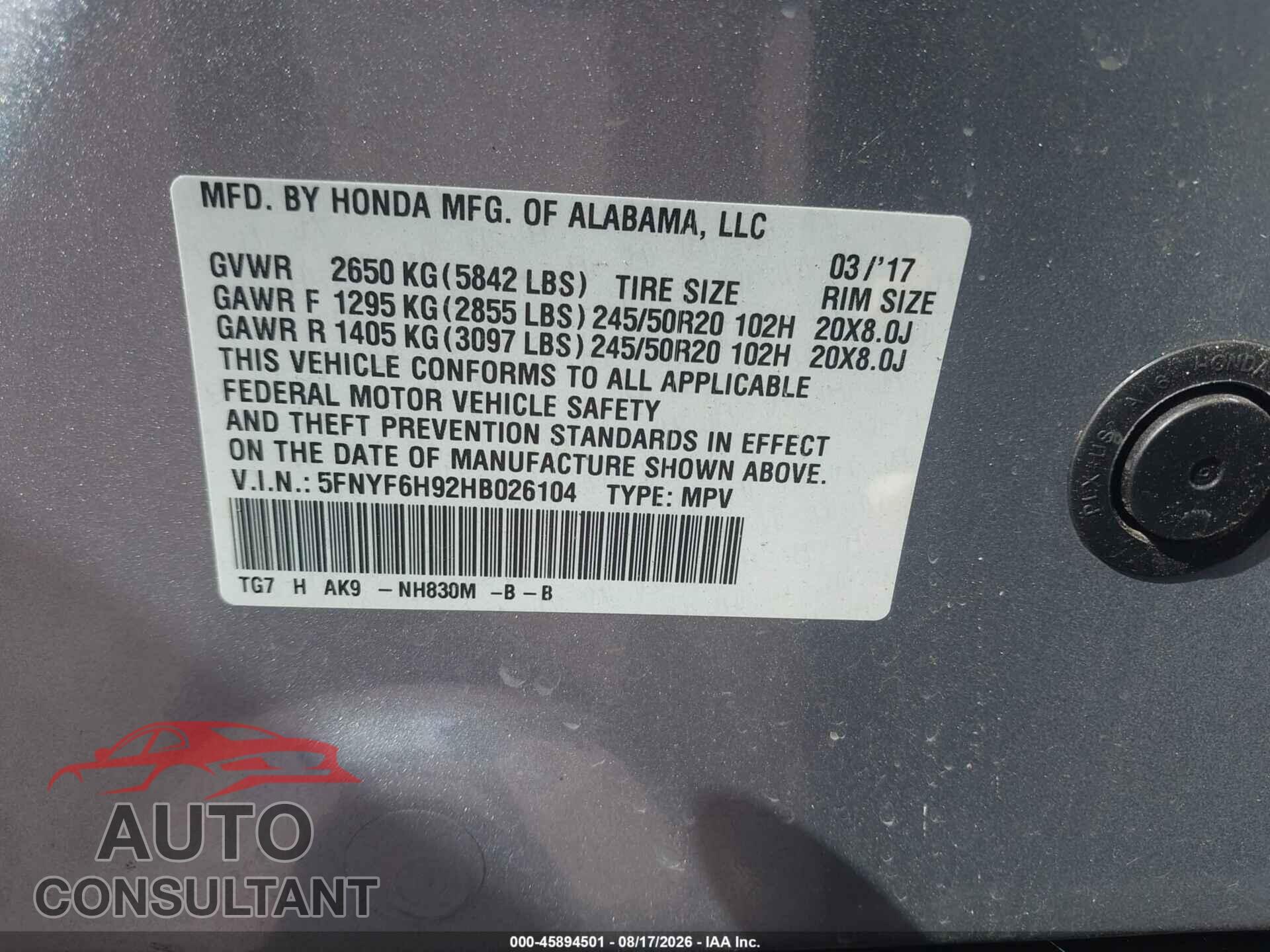 HONDA PILOT 2017 - 5FNYF6H92HB026104