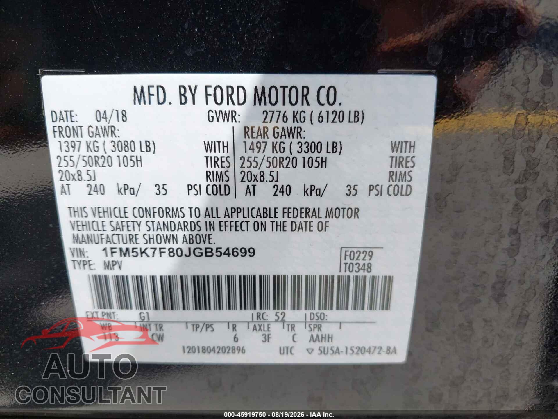 FORD EXPLORER 2018 - 1FM5K7F80JGB54699